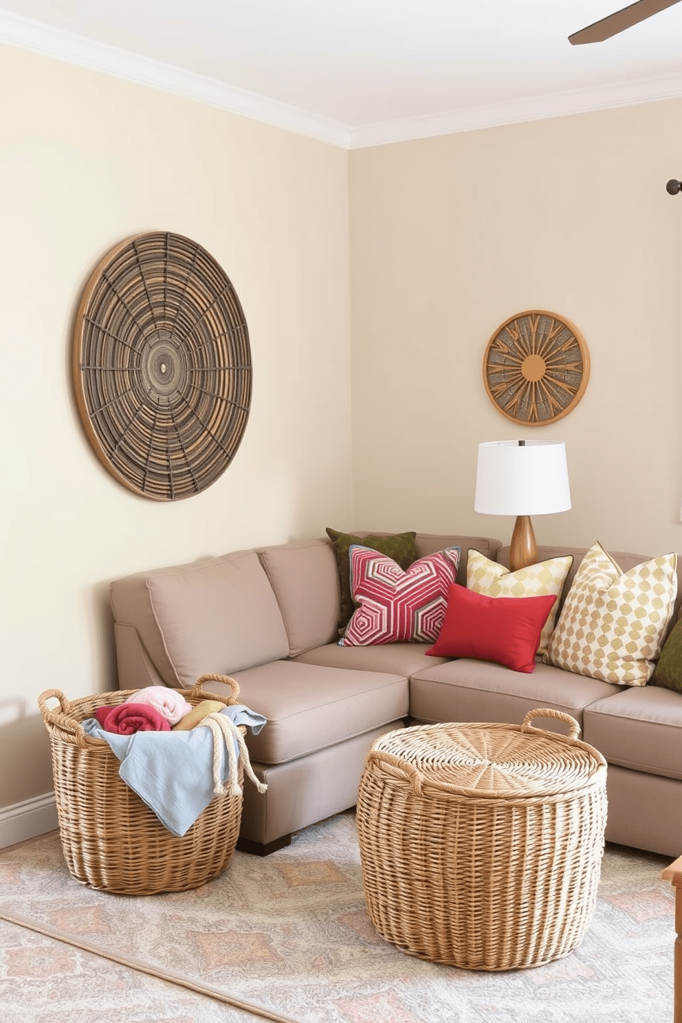 A cozy small living room featuring decorative baskets for stylish storage. The walls are painted in a soft beige, and a plush sofa is adorned with colorful throw pillows. In one corner, a woven basket holds extra blankets, while another basket serves as a chic coffee table alternative. A small wooden side table with a lamp complements the space, creating an inviting atmosphere.