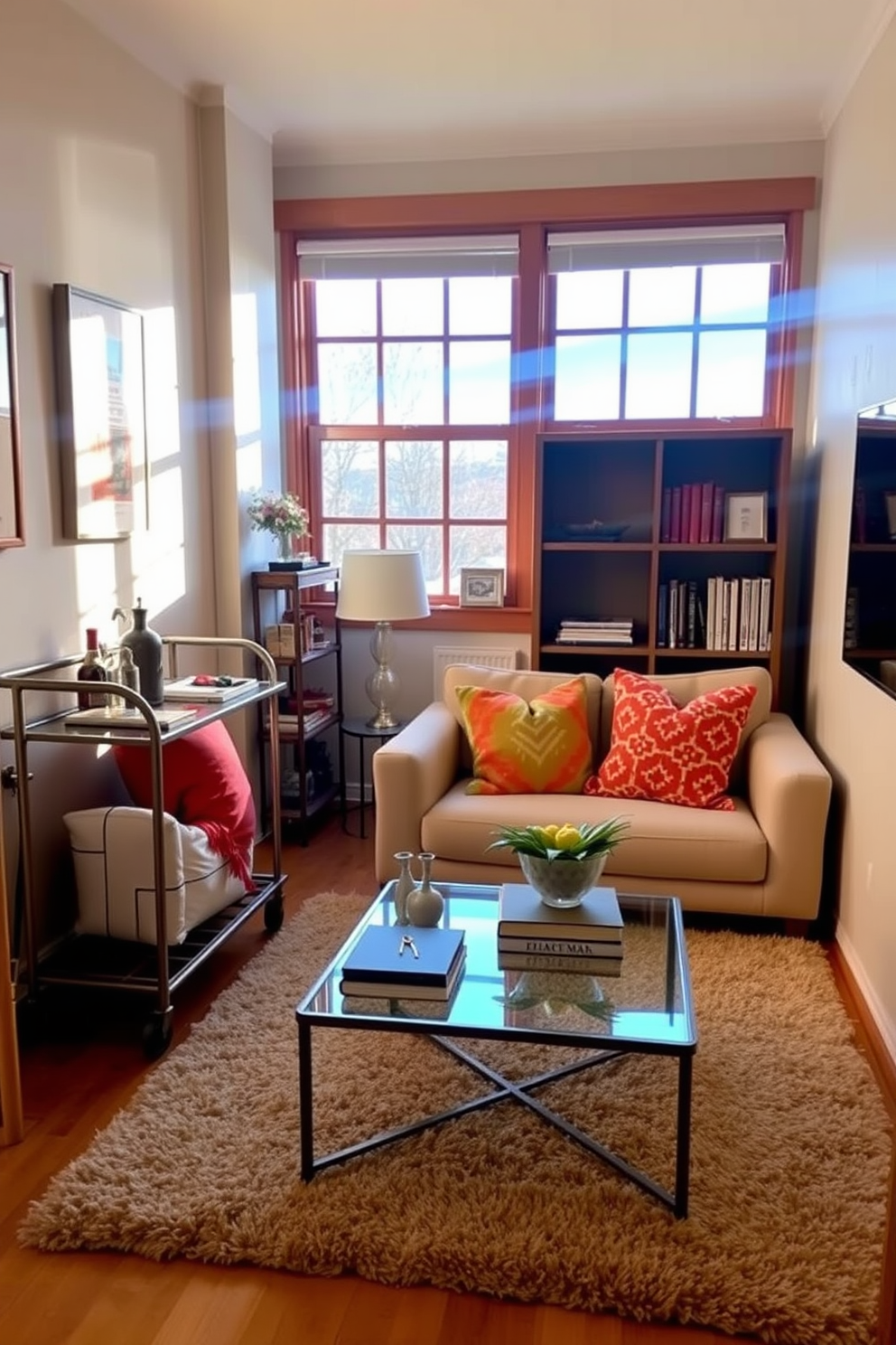 A cozy small living room featuring a stylish bar cart positioned against a wall. The space includes a plush sofa in a neutral tone, complemented by colorful throw pillows and a soft area rug. Natural light streams in through a large window, illuminating the room's warm wooden accents. A small coffee table sits in front of the sofa, adorned with books and a decorative plant for added charm.