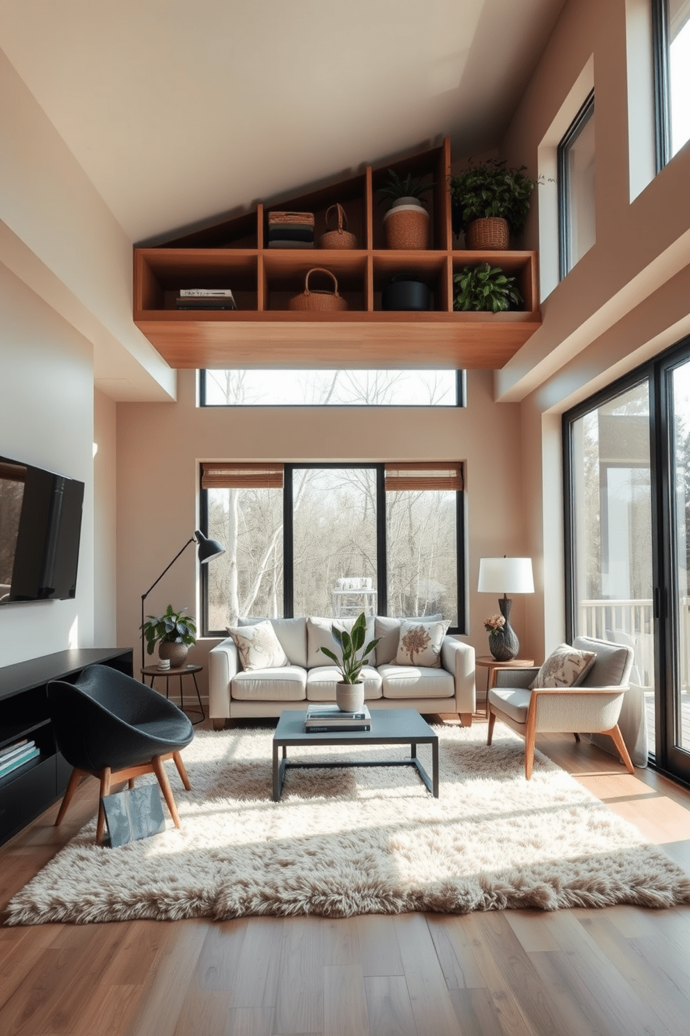 A cozy small living room featuring a ceiling-mounted storage solution made of natural wood. The walls are painted in a soft beige, and a plush area rug anchors the seating arrangement, which includes a modern sofa and a pair of accent chairs. In one corner, a stylish coffee table sits atop the rug, surrounded by decorative books and a small potted plant. Large windows allow natural light to flood the space, enhancing the warm atmosphere and showcasing the ceiling storage filled with decorative baskets and plants.