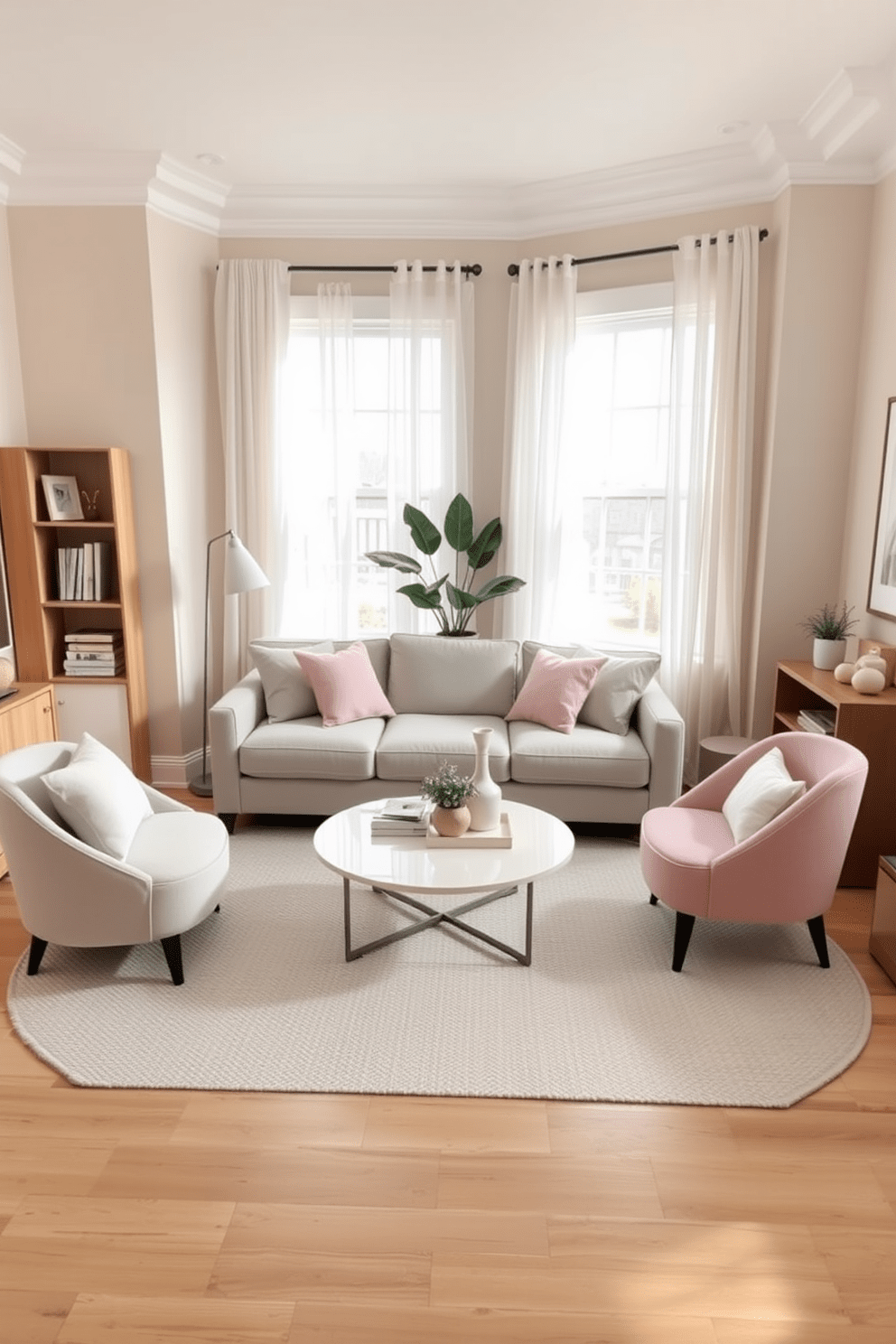 A small living room with a cohesive color scheme featuring soft beige walls and a light gray sofa adorned with pastel throw pillows. A round coffee table in the center complements the color palette, surrounded by a pair of stylish accent chairs in a coordinating hue. Natural light floods the space through large windows dressed with sheer white curtains, enhancing the airy feel. A textured area rug anchors the seating area, while a minimalist bookshelf displays curated decor and plants to add life to the room.