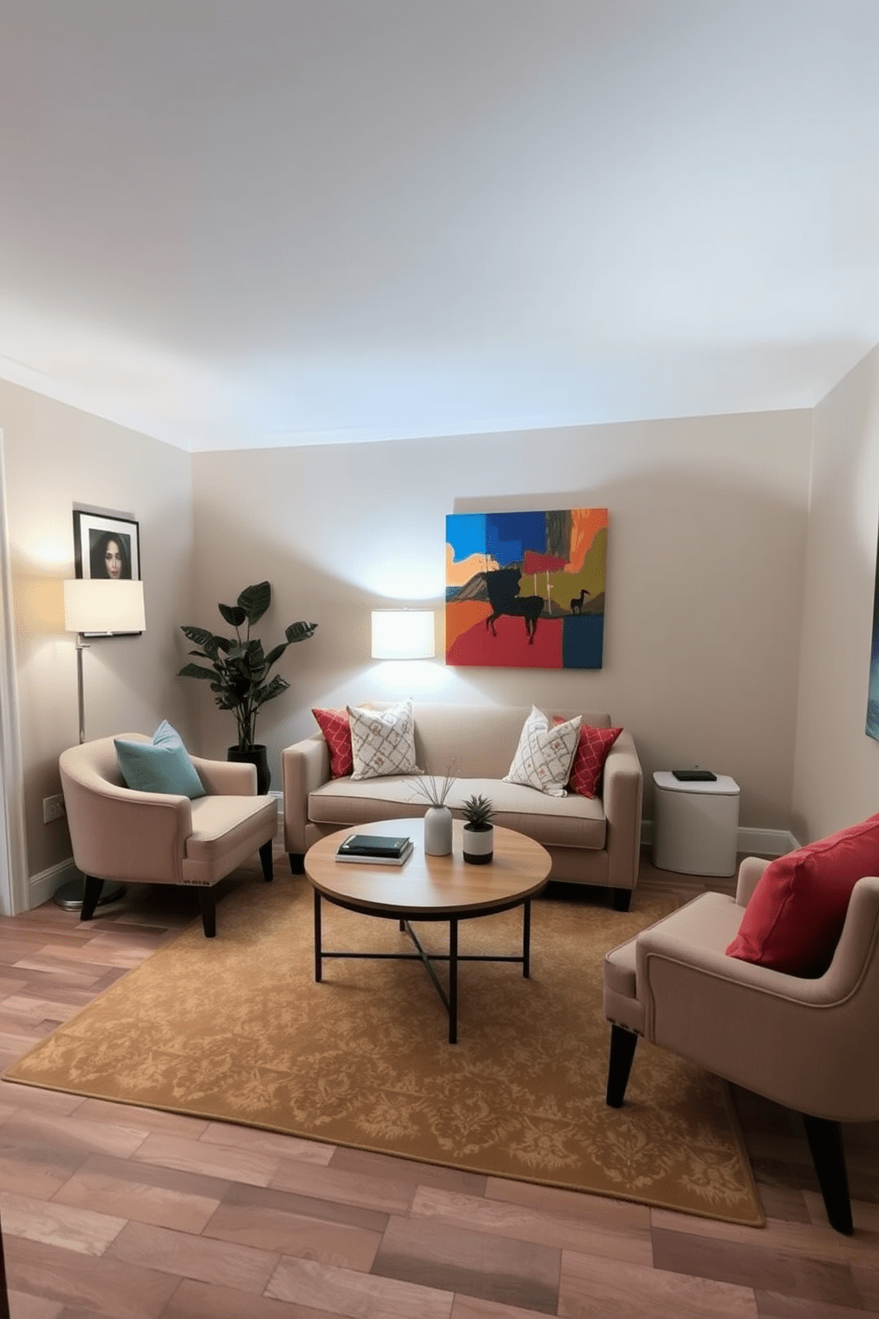 A cozy small living room featuring a round coffee table that enhances the flow of the space. The seating arrangement includes a plush sofa and two accent chairs, creating an inviting atmosphere for conversation. The walls are painted in a soft beige tone, complemented by vibrant artwork that adds personality. A stylish area rug anchors the seating area, while a floor lamp provides warm lighting for relaxation.