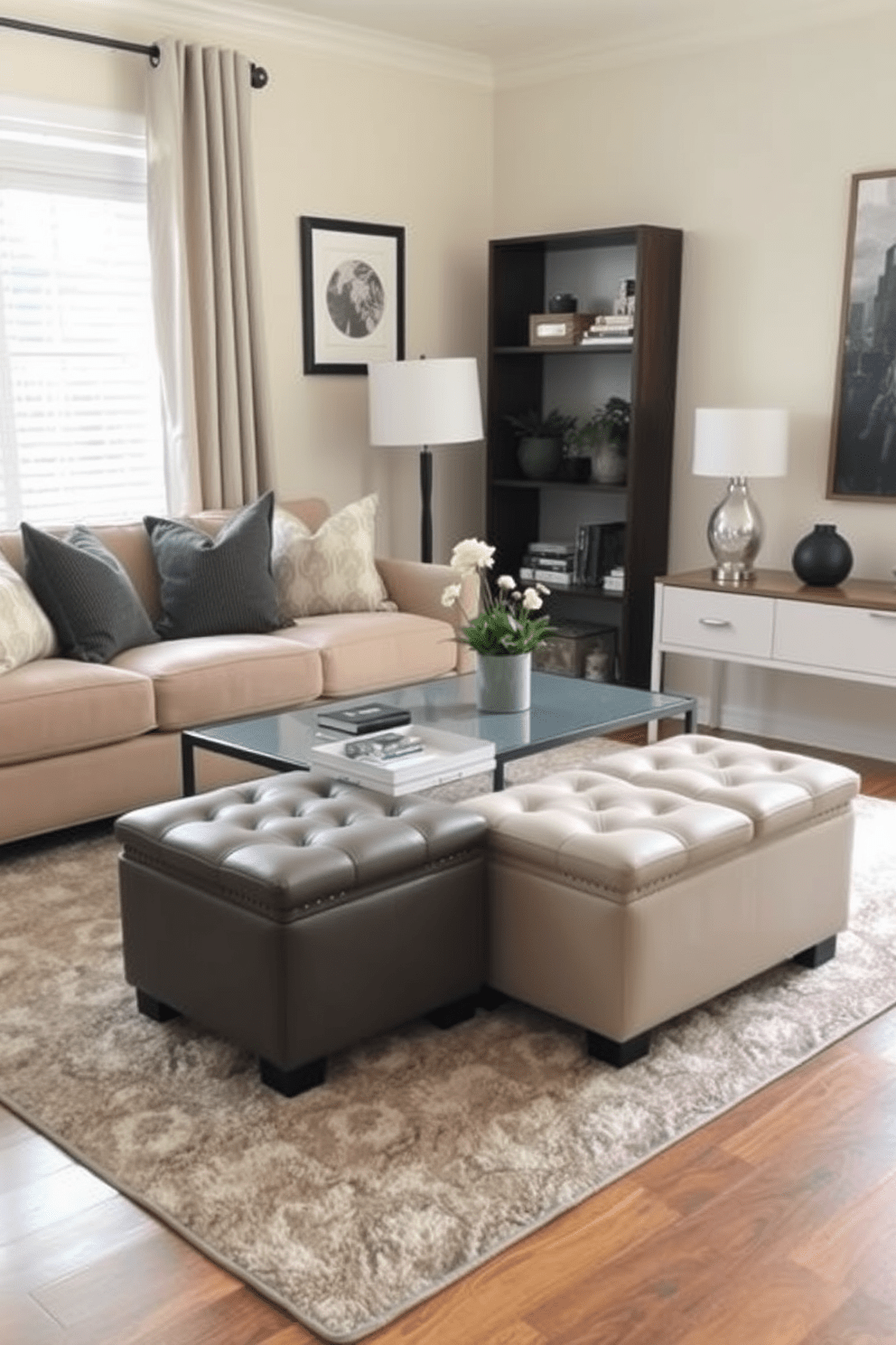 A cozy small living room featuring a pair of stylish ottomans that provide both extra seating and hidden storage. The space is adorned with a soft area rug, a sleek coffee table, and a comfortable sofa that invites relaxation while maximizing functionality.