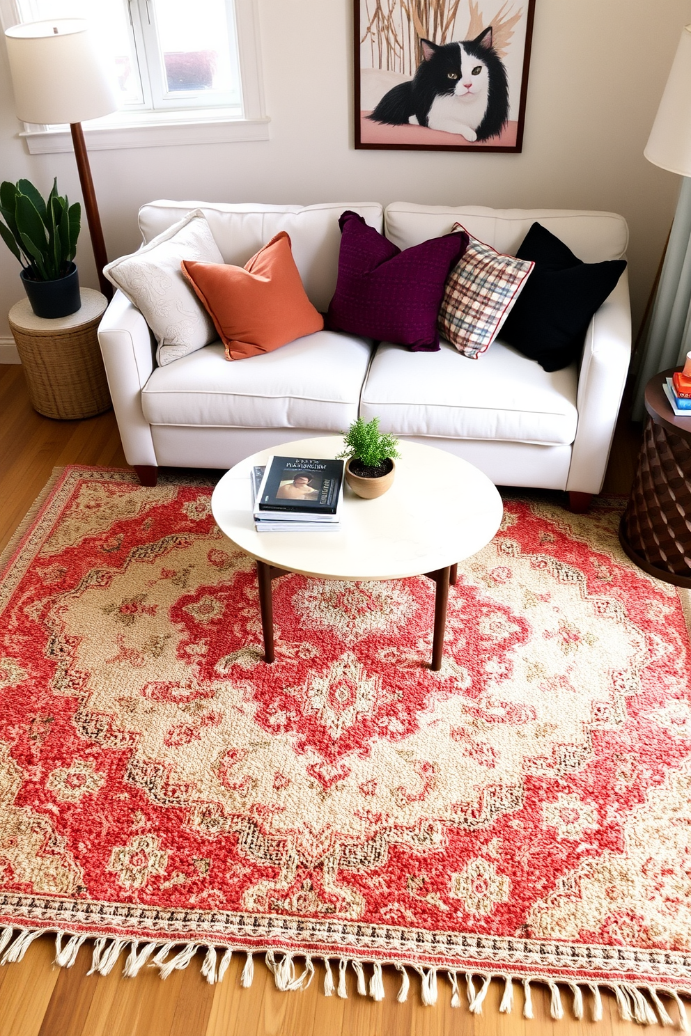 A cozy small living room filled with layered rugs that add texture and warmth to the space. The main rug is a soft neutral tone, while a smaller, patterned rug is placed on top to create visual interest. The seating arrangement includes a plush sofa in a light color, complemented by colorful throw pillows. A stylish coffee table sits in the center, surrounded by a few decorative books and a small potted plant.