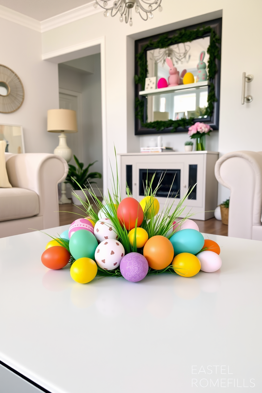 A vibrant centerpiece of colorful eggs arranged artfully on a sleek coffee table. The small living room is adorned with pastel decorations, creating a festive and inviting atmosphere for Easter celebrations.