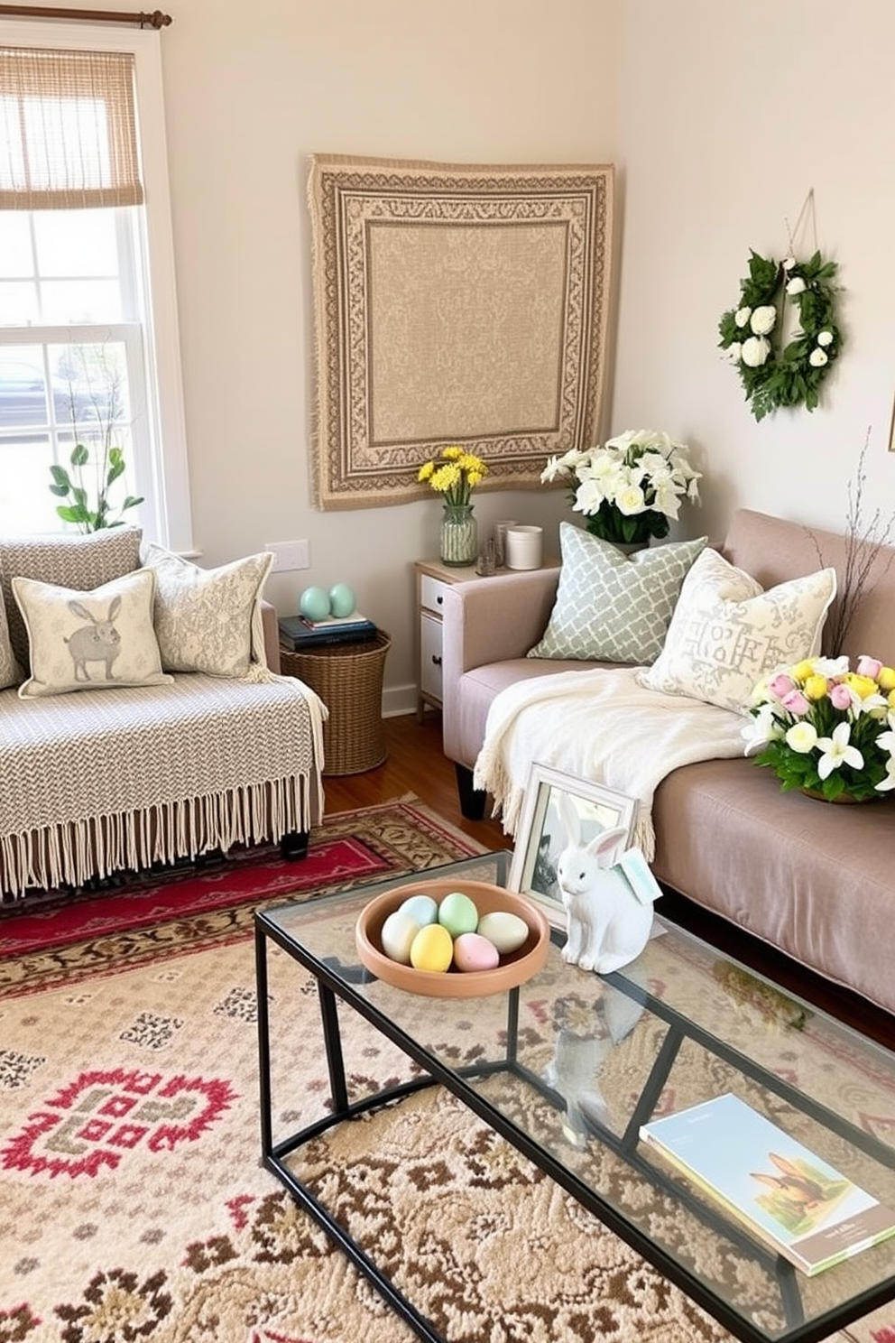 A small living room adorned with layered rugs that add cozy texture and warmth to the space. The rugs feature various patterns and colors, creating an inviting atmosphere perfect for relaxation. Easter decorations are tastefully arranged throughout the room, including pastel-colored eggs and cheerful floral arrangements. A decorative bunny figurine sits on the coffee table, complementing the festive theme.