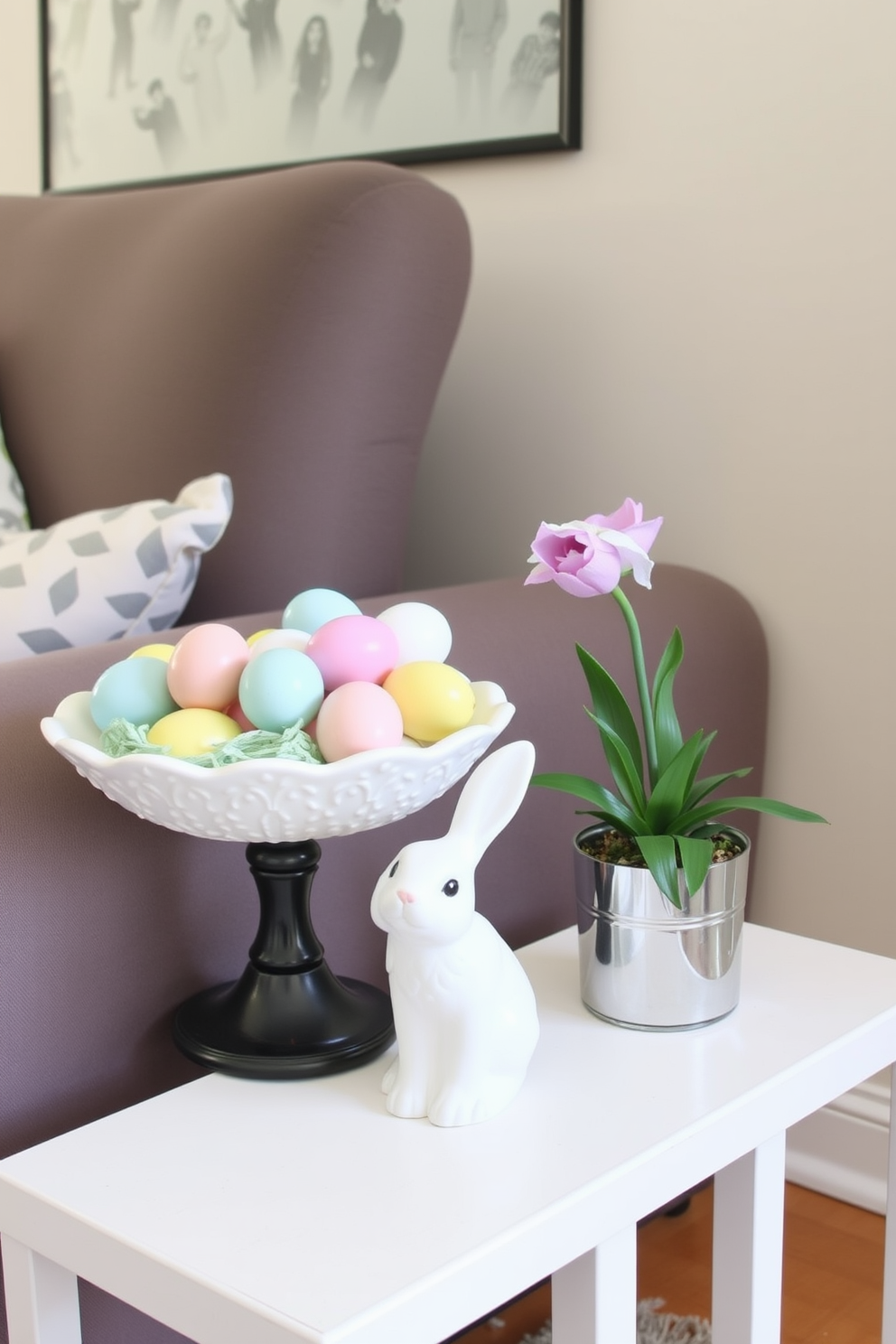 Create a festive vignette on side tables in a small living room for Easter. Incorporate pastel-colored decorative eggs in a decorative bowl and place a cheerful bunny figurine next to a small potted spring flower.