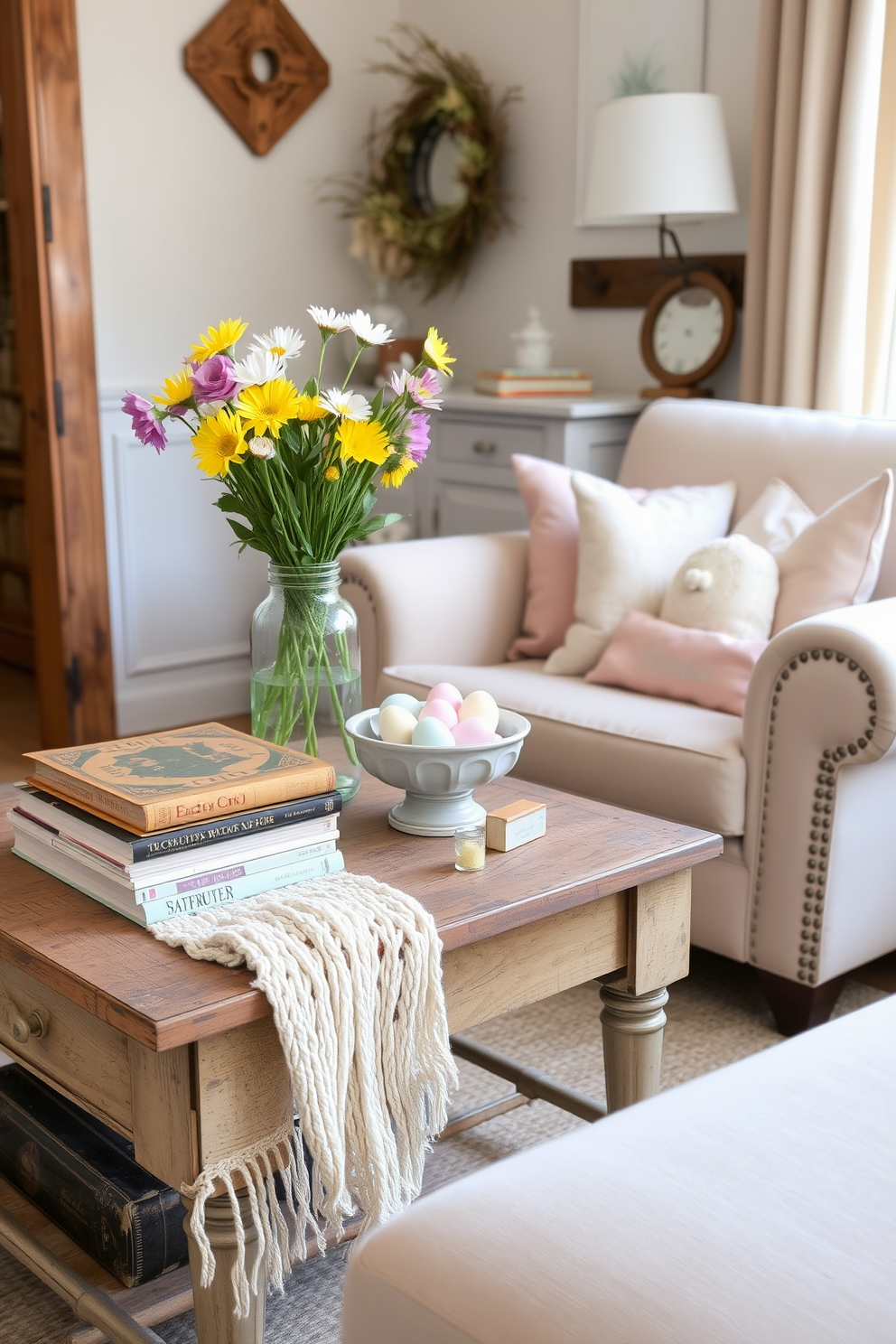 A cozy small living room adorned with rustic charm. Vintage books are stacked on a weathered wooden coffee table, accompanied by a soft knitted throw draped over the arm of a plush armchair. Easter decorations bring a festive touch to the space. Delicate pastel-colored eggs are nestled in a decorative bowl, while fresh spring flowers in a mason jar add a vibrant pop of color.