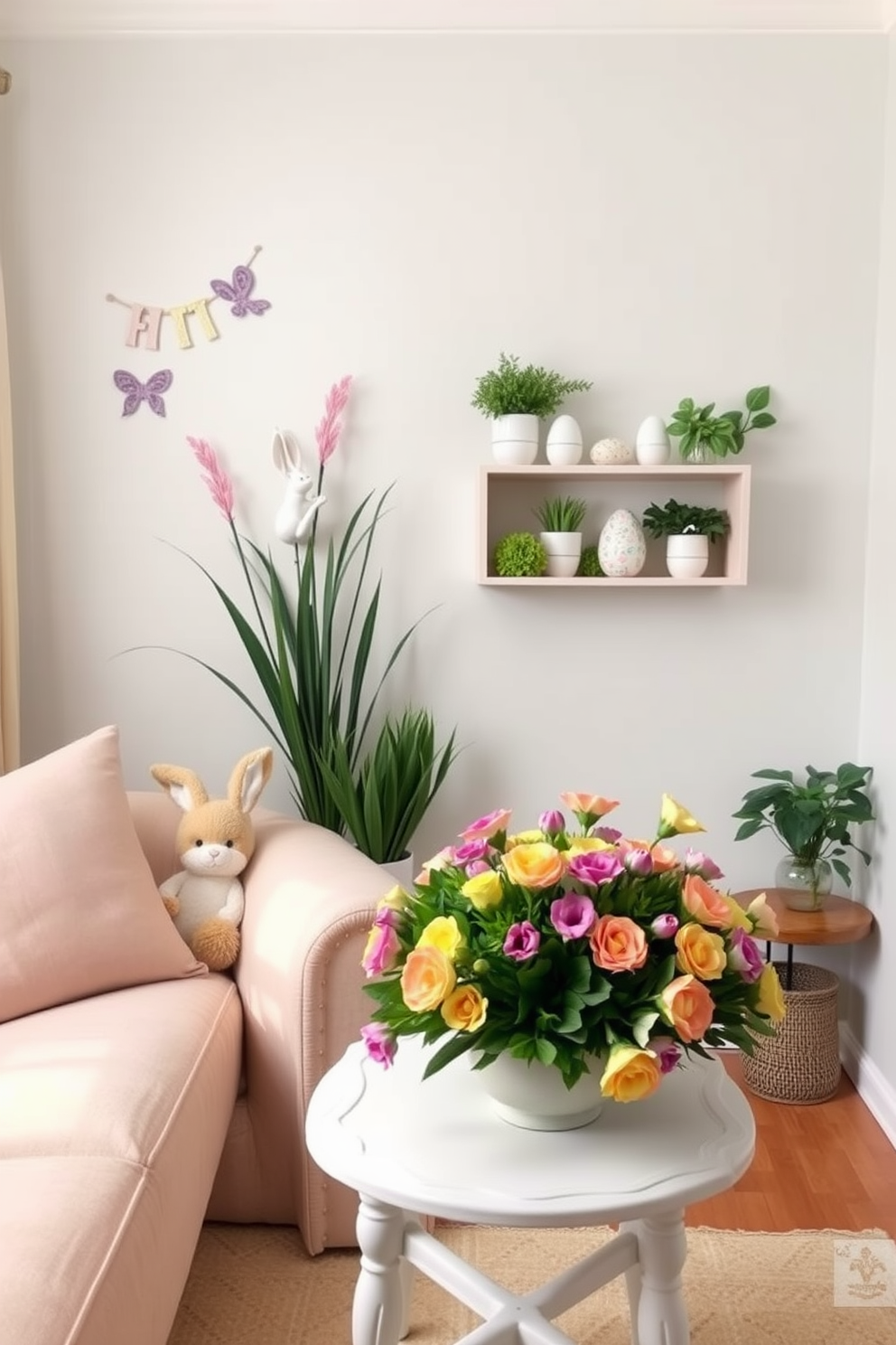 A cozy small living room adorned with faux flowers and plants. The space features a soft pastel color palette with a comfortable sofa and a coffee table decorated with an arrangement of vibrant faux blooms. On the walls, there are delicate Easter-themed decorations that add a festive touch. A small shelf displays charming Easter figurines alongside lush green plants, creating a cheerful and inviting atmosphere.