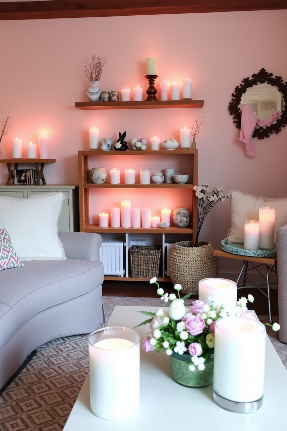 A cozy small living room adorned with pastel-colored candles placed on a coffee table and shelves. The soft glow of the candles creates a warm ambiance, complemented by Easter-themed decorations like pastel eggs and floral arrangements.