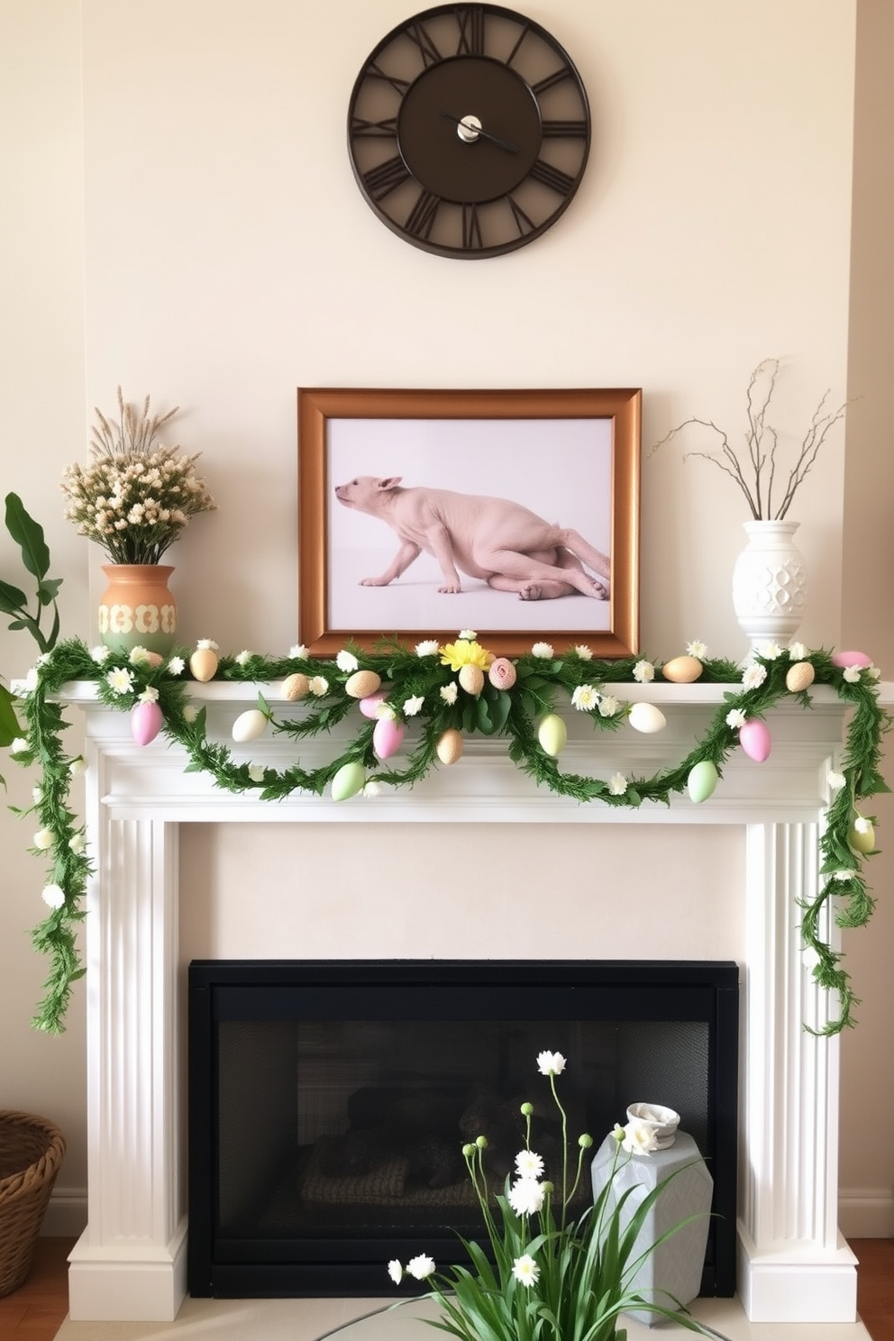 A charming small living room adorned with an Easter-themed garland draped elegantly across the mantel. The garland features pastel-colored eggs and spring flowers, creating a festive and inviting atmosphere.