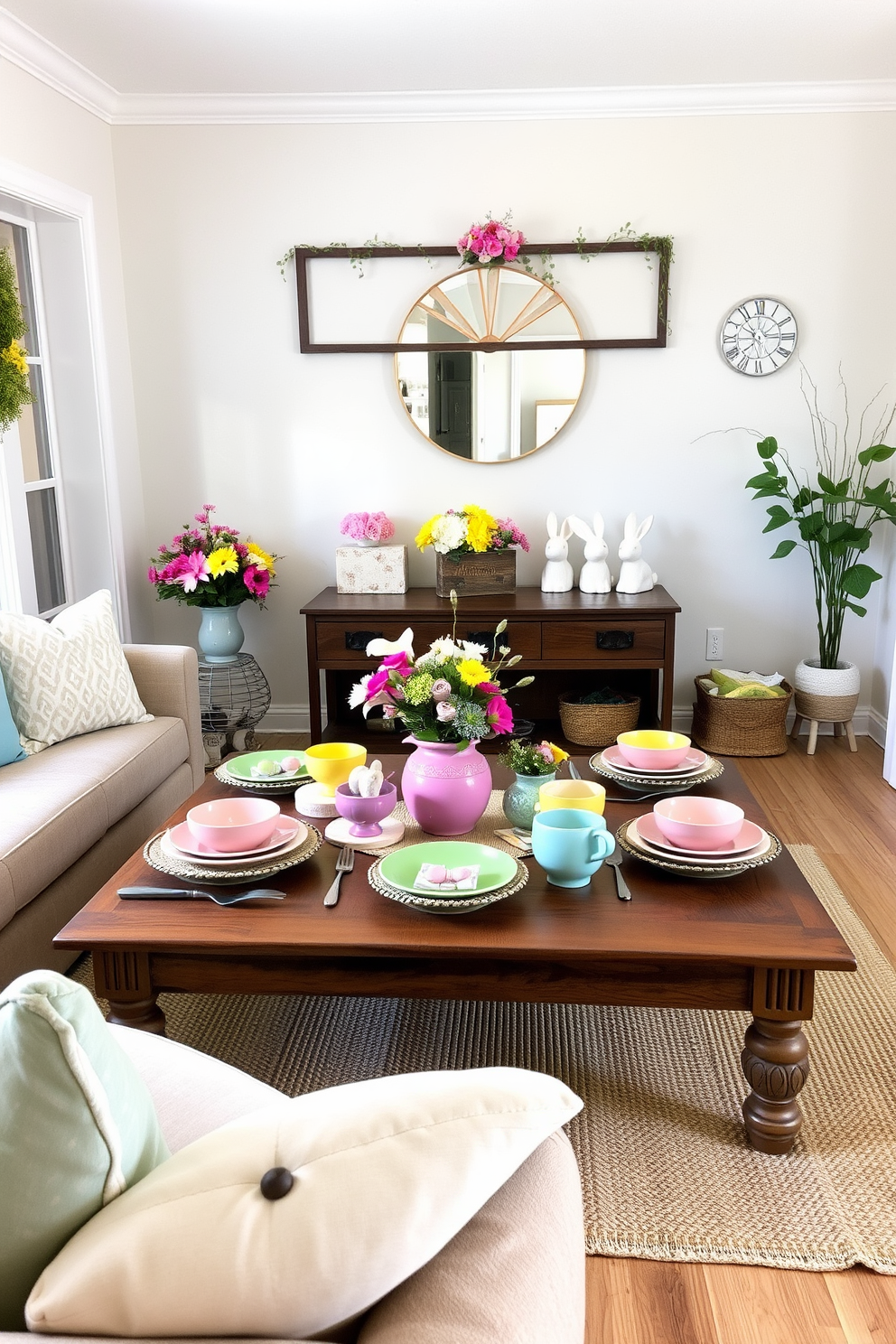 A cozy small living room adorned for Easter gatherings features a vibrant array of colorful tableware set on a rustic wooden coffee table. The space is accented with pastel decorations, including floral arrangements and cheerful bunny figurines, creating a warm and inviting atmosphere.