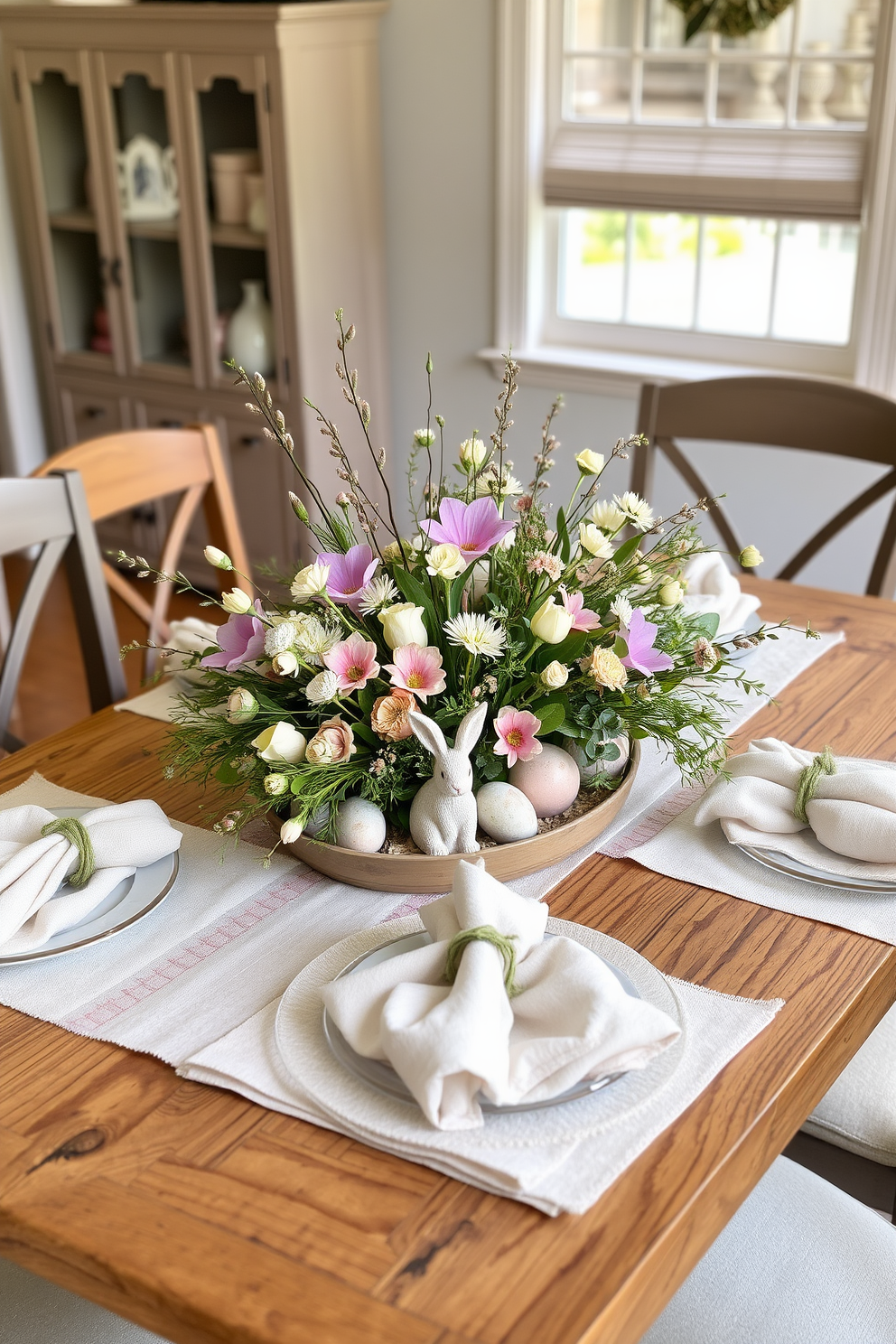 A charming seasonal table centerpiece is arranged on a rustic wooden dining table. It features a mix of pastel-colored flowers, decorative eggs, and small bunnies, creating a festive atmosphere for Easter. The centerpiece is complemented by soft linen napkins and elegant dinnerware, enhancing the overall decor. Surrounding the table are cozy chairs with light cushions, inviting guests to gather and celebrate the holiday.