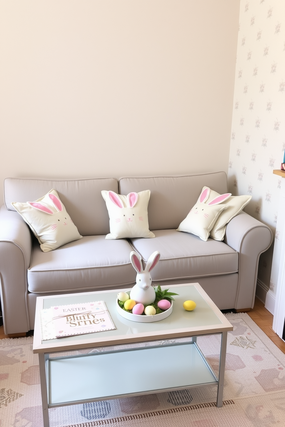 A cozy small living room decorated for Easter features a soft pastel color palette. Bunny-shaped cushions are arranged on a light gray sofa, adding a playful touch to the space. The walls are adorned with subtle floral wallpaper, enhancing the springtime theme. A small coffee table is set with a decorative bunny centerpiece and colorful eggs, creating a festive atmosphere.