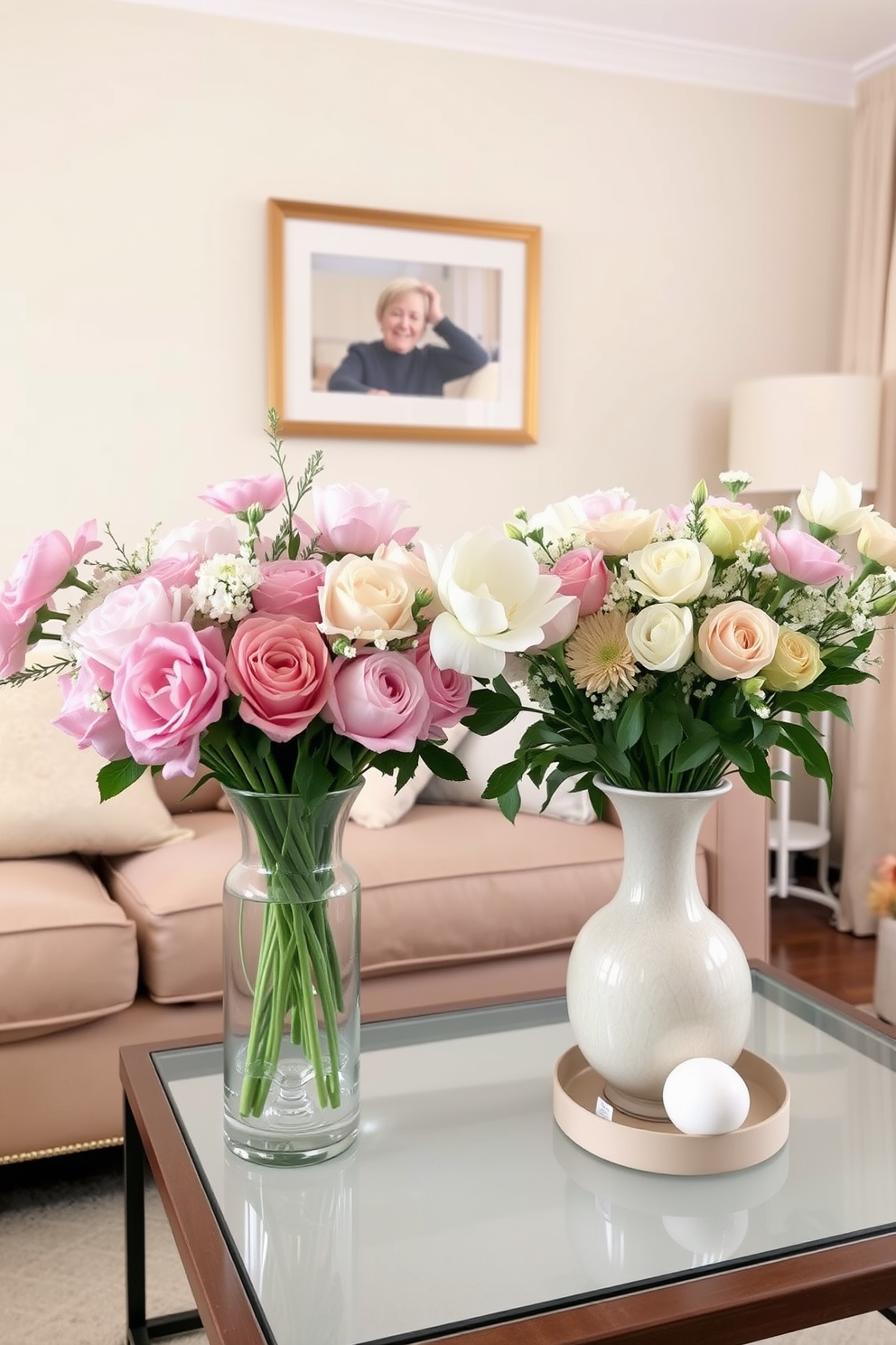 Pastel floral arrangements in elegant vases are beautifully displayed on a coffee table in a cozy small living room. The soft colors of the flowers complement the light pastel hues of the room, creating a warm and inviting atmosphere for Easter celebrations.