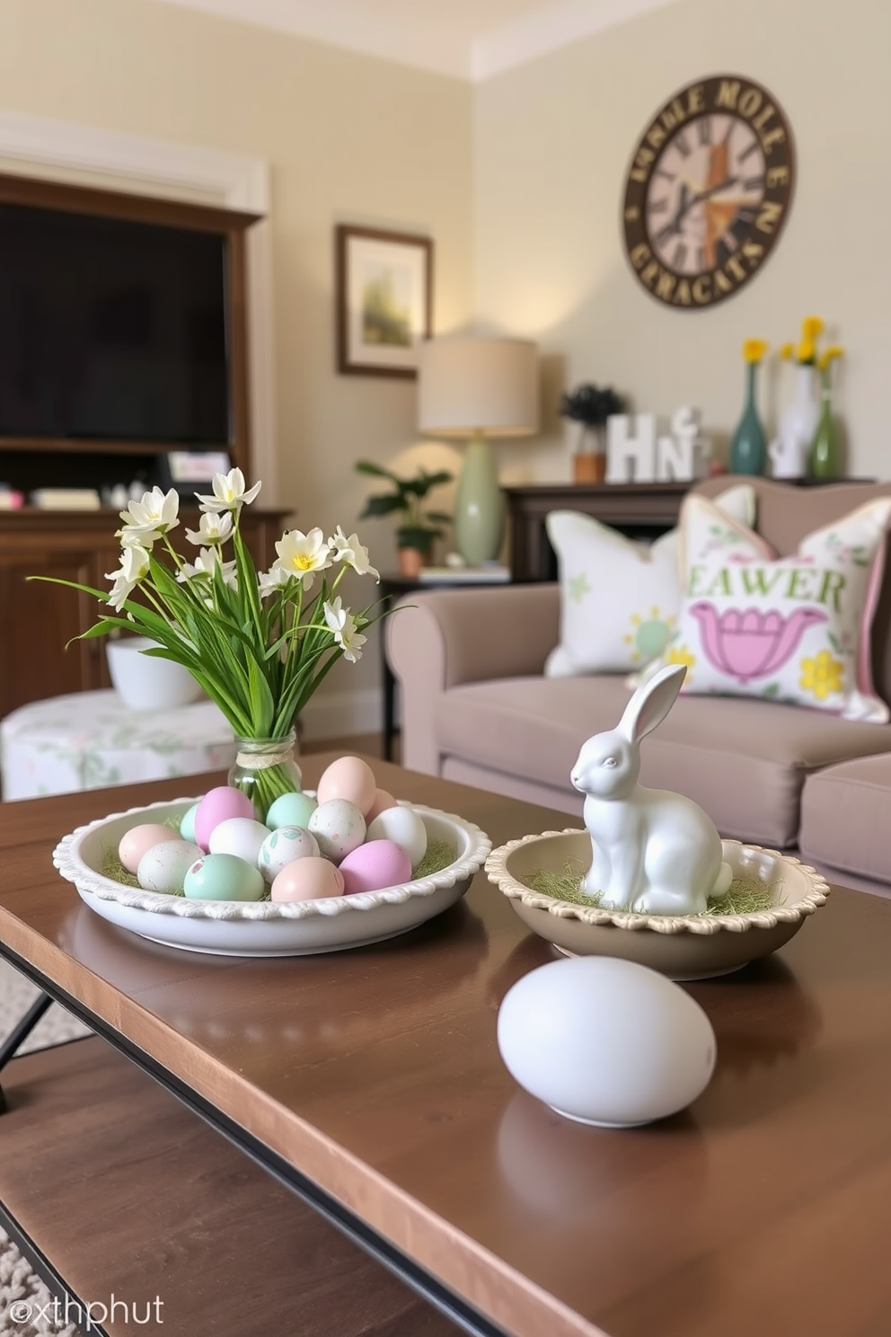 A cozy small living room adorned for Easter features a soft pastel color palette. Decorative trays are elegantly placed on the coffee table, showcasing beautifully arranged eggs and spring flowers for a festive touch. The seating area includes a plush sofa with colorful throw pillows that complement the Easter theme. A charming bunny figurine rests on one of the decorative trays, adding a whimsical element to the overall decor.