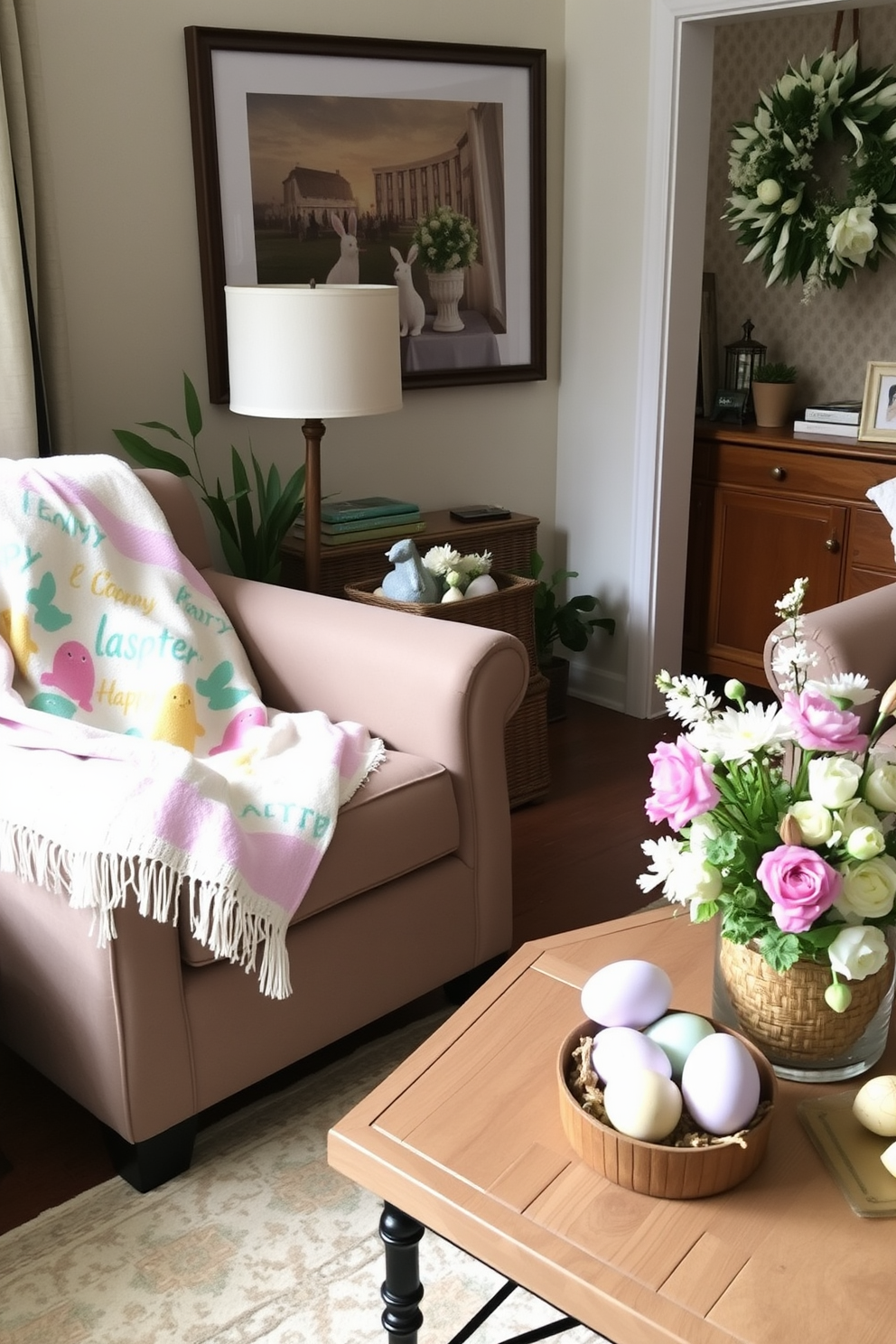 A cozy small living room adorned for Easter. A cheerful throw blanket drapes over a comfortable chair, featuring pastel colors and playful patterns, while decorative eggs and spring flowers are artfully arranged on a nearby coffee table.