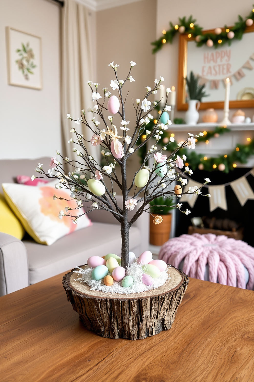 A charming mini Easter tree display is set on a rustic wooden table adorned with pastel-colored eggs and delicate spring flowers. The tree is elegantly decorated with soft ribbons and twinkling fairy lights, creating a warm and inviting atmosphere. In a cozy small living room, cheerful Easter decorations bring life to the space. Plush cushions in vibrant hues complement the decor, while a festive garland drapes gracefully across the mantel, enhancing the seasonal charm.