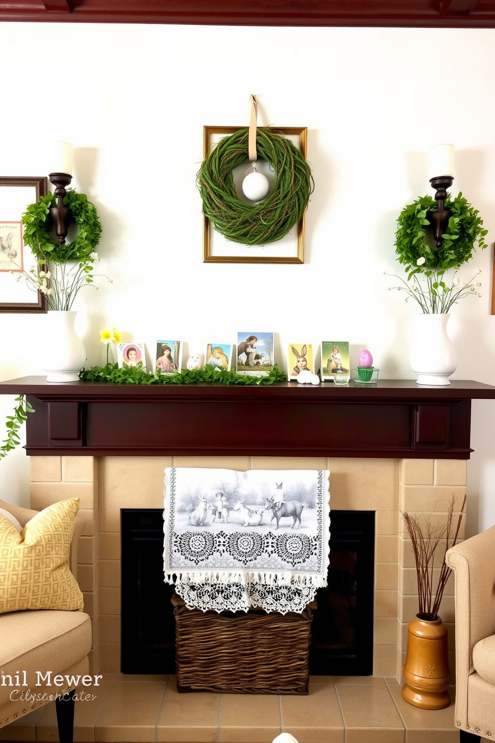 A cozy small living room decorated for Easter. Vintage Easter postcards are artfully arranged on a mantelpiece, adding a nostalgic touch to the space.