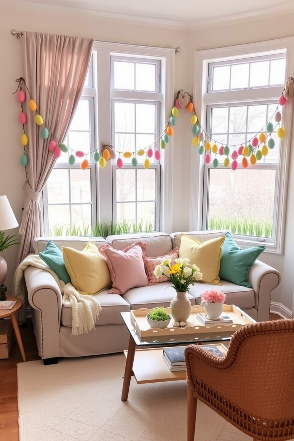 Create a cozy small living room adorned with colorful egg garland draped around the windows. The space features a soft pastel color palette with a comfortable sofa, cheerful throw pillows, and a coffee table decorated with spring-themed accents.