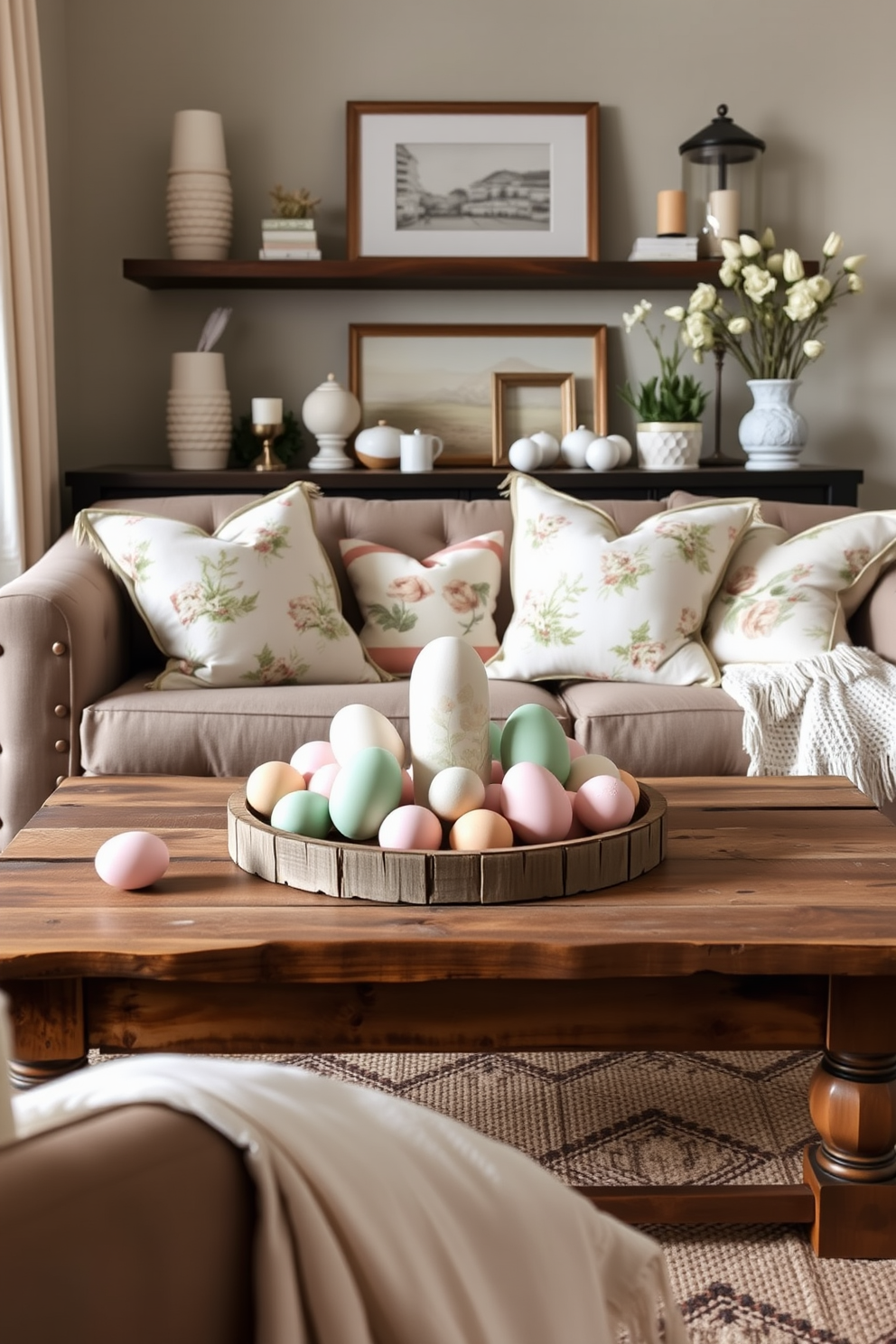 A cozy small living room adorned with ceramic egg displays in various pastel colors. The eggs are artistically arranged on a rustic wooden coffee table, surrounded by soft spring-themed decor like floral cushions and a light throw blanket.