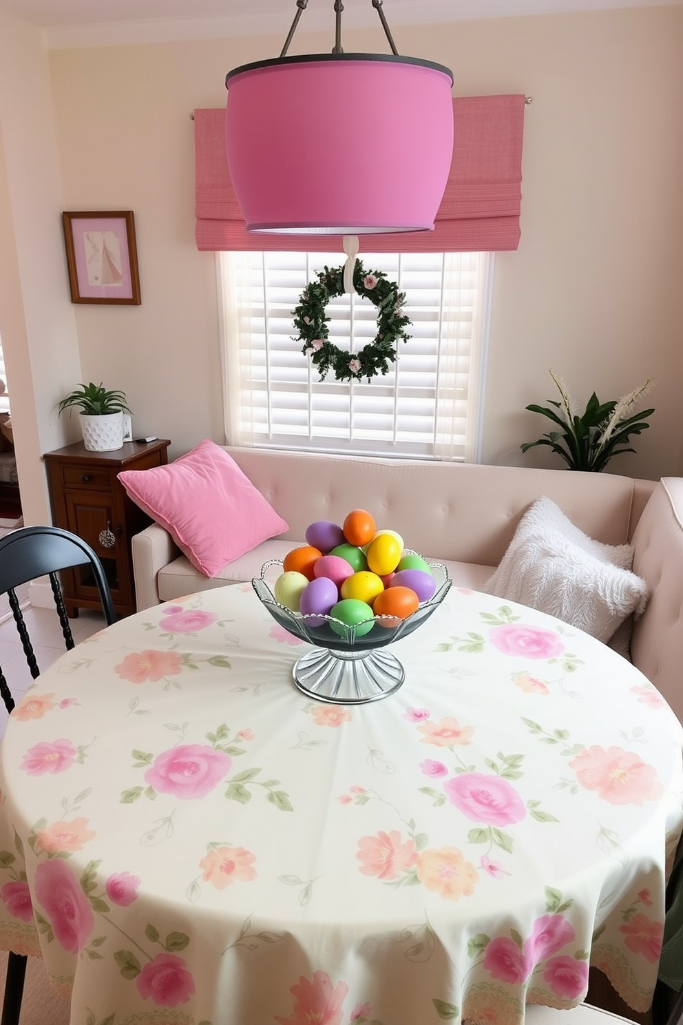 A cozy small living room is adorned with pastel-colored Easter decorations. A festive tablecloth featuring floral patterns covers a round dining table, surrounded by comfortable chairs. Brightly colored eggs are artfully arranged in a decorative bowl at the center of the table. Soft, plush throw pillows in spring hues are placed on the sofa, enhancing the cheerful atmosphere.