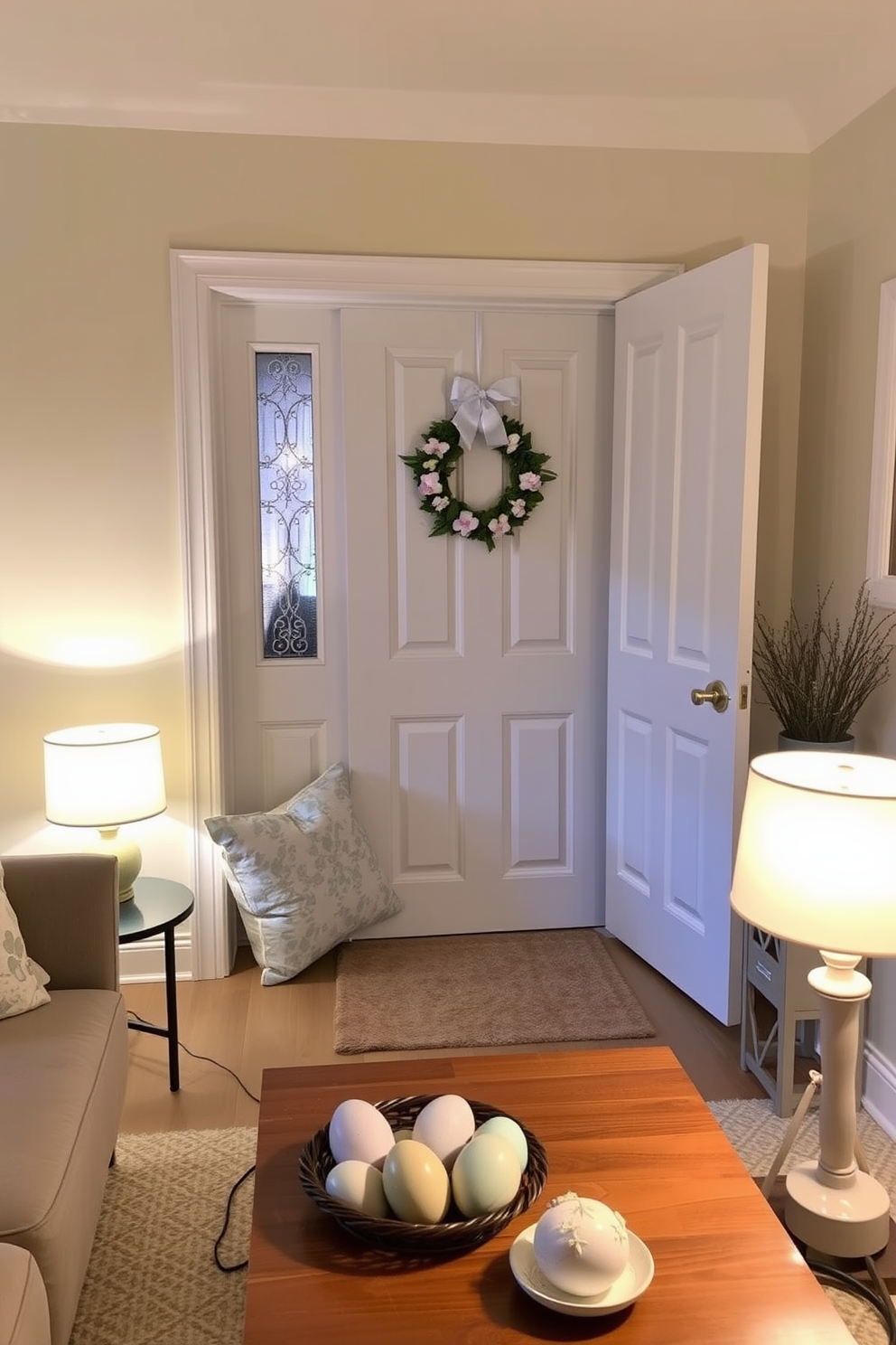 A cozy small living room adorned with soft lighting from stylish lamps placed on side tables. The space features pastel-colored Easter decorations, including a charming wreath on the door and decorative eggs arranged on the coffee table.