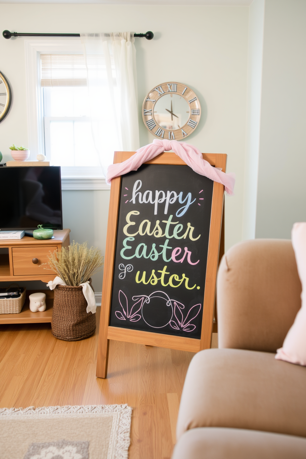 A cozy small living room decorated for Easter. A chalkboard stands prominently with cheerful Easter greetings written in colorful chalk, surrounded by pastel-colored decorations.