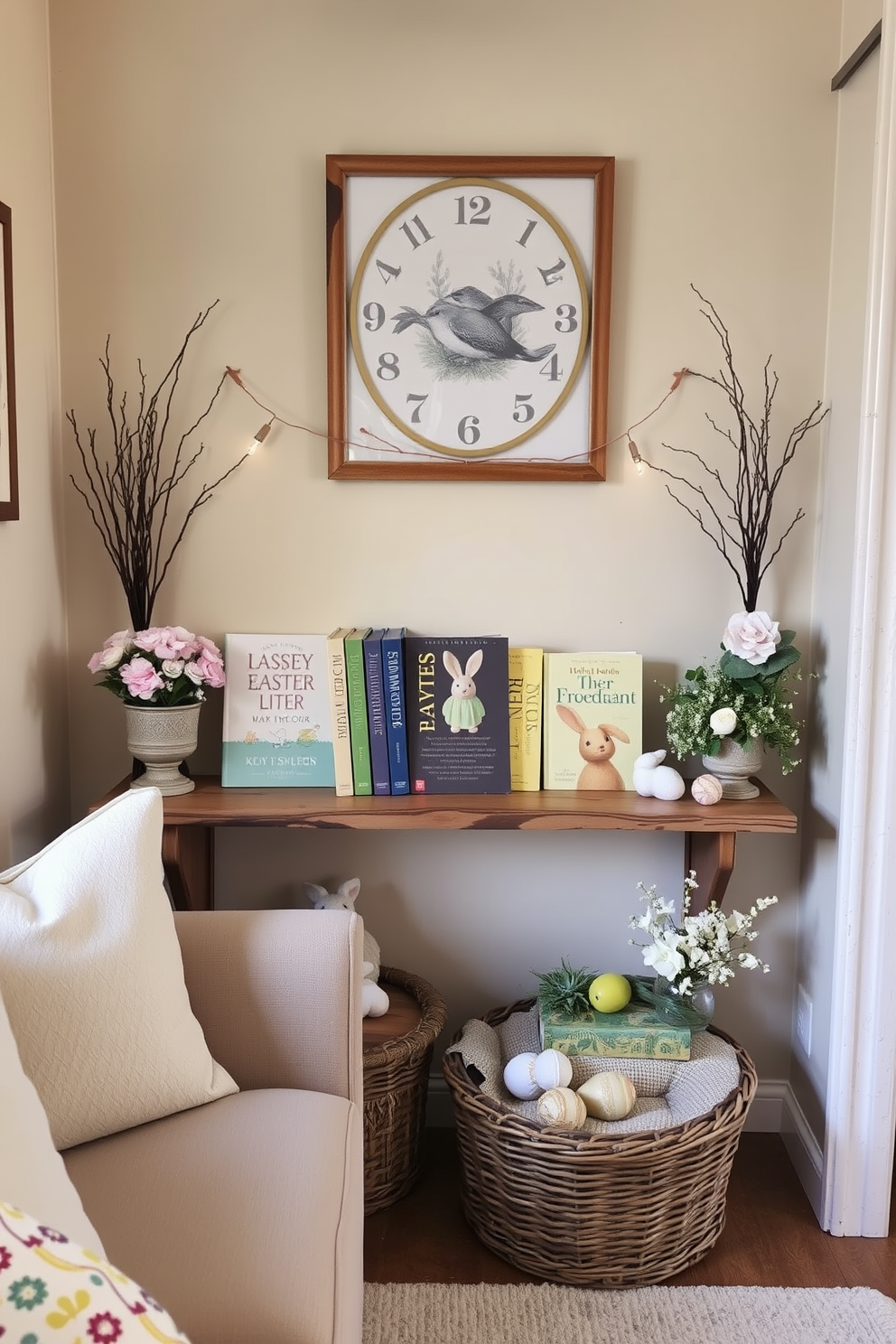 A cozy small living room adorned with a charming display of Easter books. The books are arranged on a rustic wooden shelf, surrounded by pastel-colored decorations and seasonal accents.