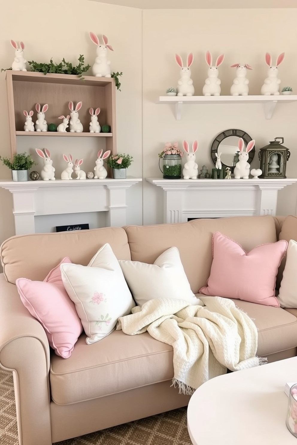 A cozy small living room adorned with charming bunny figurines placed on various shelves and mantels. The decor features pastel colors, with soft cushions and a light throw blanket draped over the couch, creating a festive Easter atmosphere.