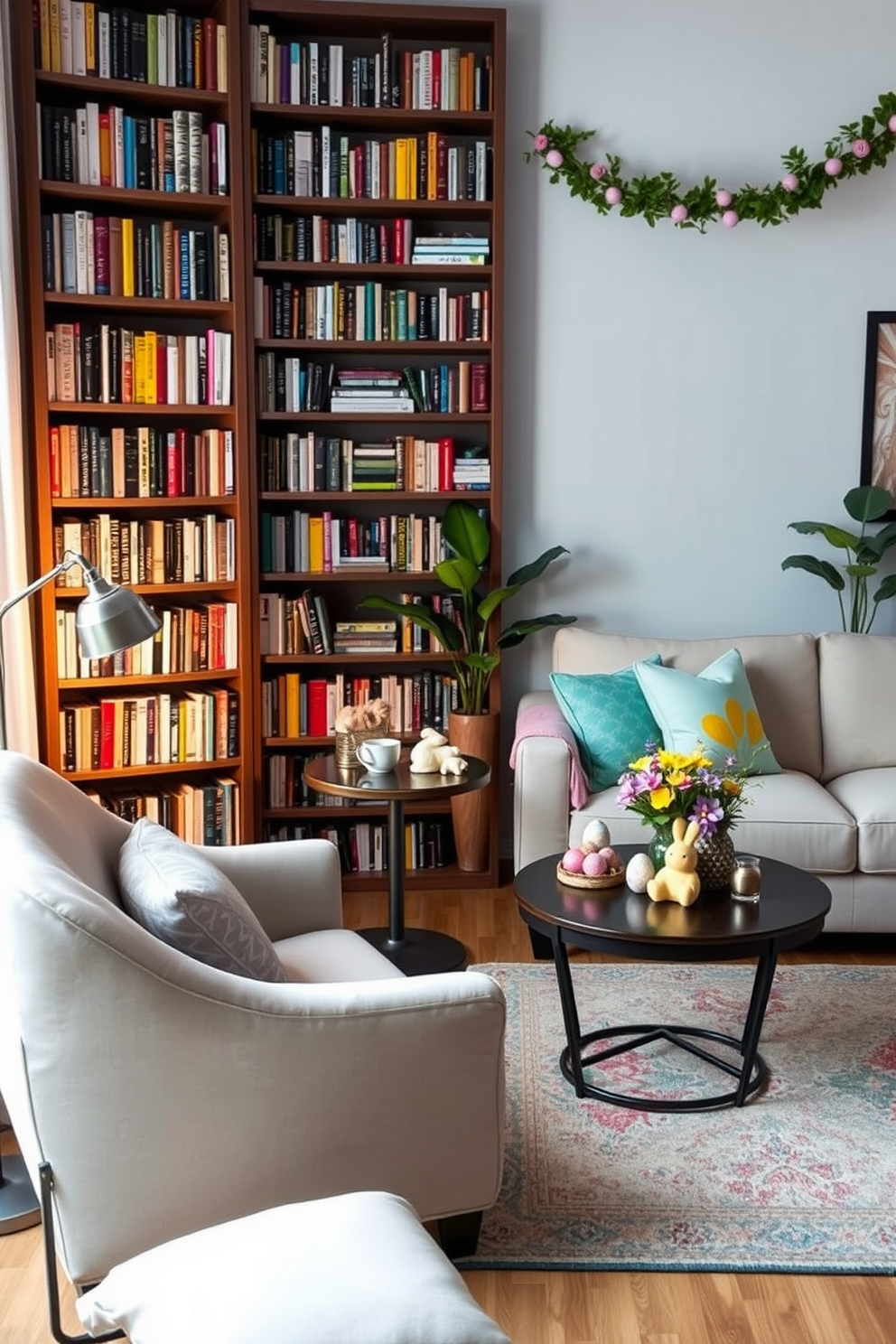 Create a cozy reading nook with a plush armchair upholstered in soft fabric positioned next to a tall bookshelf filled with an array of colorful books. A small side table holds a steaming cup of tea and a decorative lamp that casts a warm glow, while a soft throw blanket drapes over the chair inviting relaxation. Design a small living room that maximizes space with a comfortable sectional sofa in a light neutral tone paired with a stylish coffee table. Incorporate a few vibrant throw pillows and a colorful area rug to add warmth and personality, while strategically placed plants bring life to the room. Incorporate Easter decorating ideas by placing a beautifully arranged centerpiece on the dining table featuring pastel-colored eggs and fresh spring flowers. Adorn the living room with whimsical bunny figurines and colorful garlands that create a festive atmosphere throughout the space.