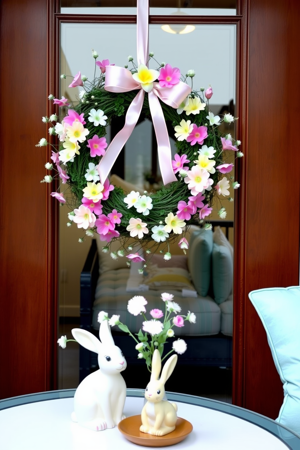 A beautifully crafted Easter wreath adorns the front door, featuring vibrant pastel flowers and delicate ribbons. The wreath adds a cheerful touch to the entrance, welcoming guests with a festive spirit. Inside, the small living room is transformed with Easter-themed decorations, including soft pastel cushions and a charming bunny figurine on the coffee table. A light floral arrangement in a decorative vase complements the seasonal decor, creating a cozy and inviting atmosphere.