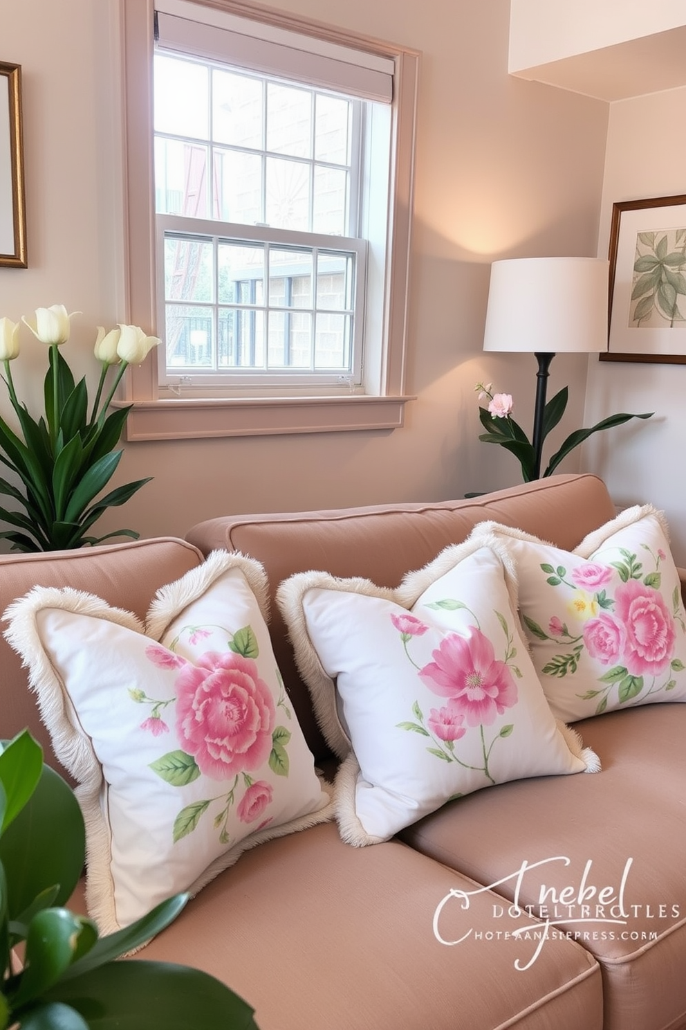 A cozy small living room adorned with spring-themed throw pillows on a plush sofa. The pillows feature pastel colors and floral patterns, bringing a cheerful and festive touch to the space.