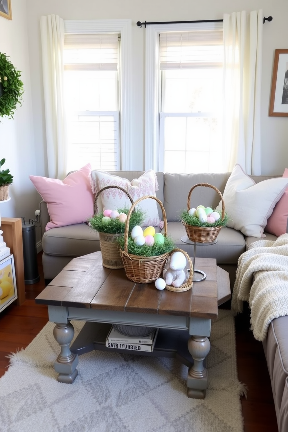 A cozy small living room adorned for Easter. Decorative baskets filled with colorful eggs are placed on a rustic coffee table, surrounded by pastel-colored cushions and a soft throw blanket.