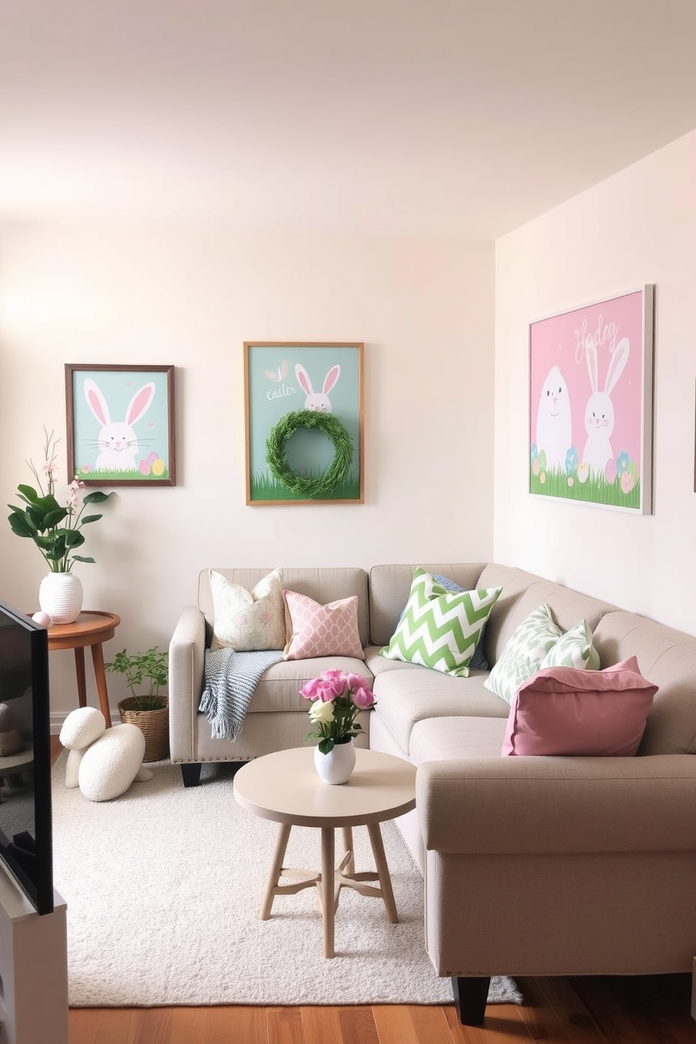 A cozy small living room decorated for Easter. The walls are adorned with cheerful Easter-themed wall art featuring pastel colors and playful designs.