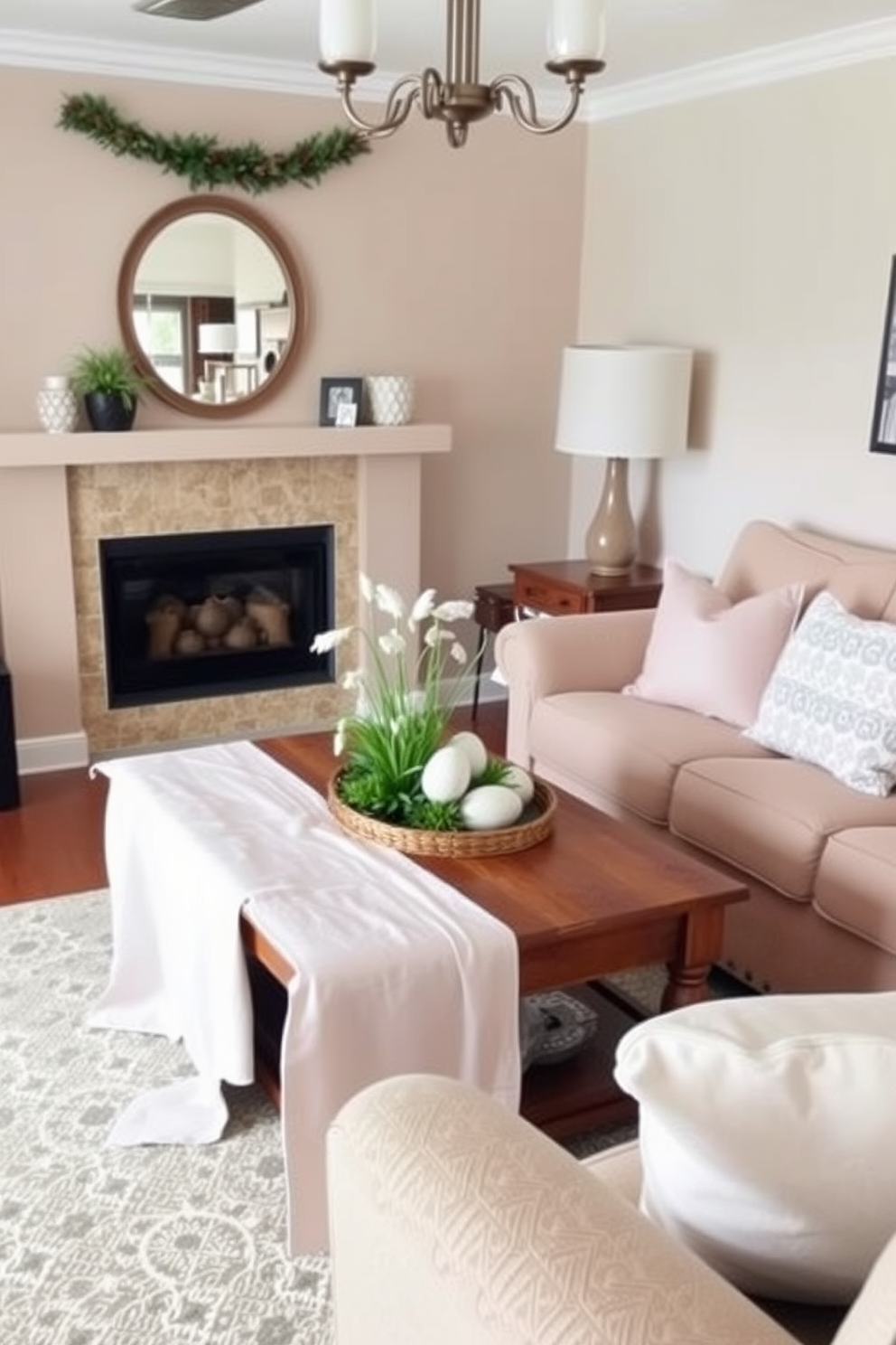 A cozy small living room adorned for Easter features a light pastel table runner draped elegantly over a wooden coffee table. Soft cushions in coordinating pastel shades are scattered across a plush sofa, creating a welcoming atmosphere for guests.