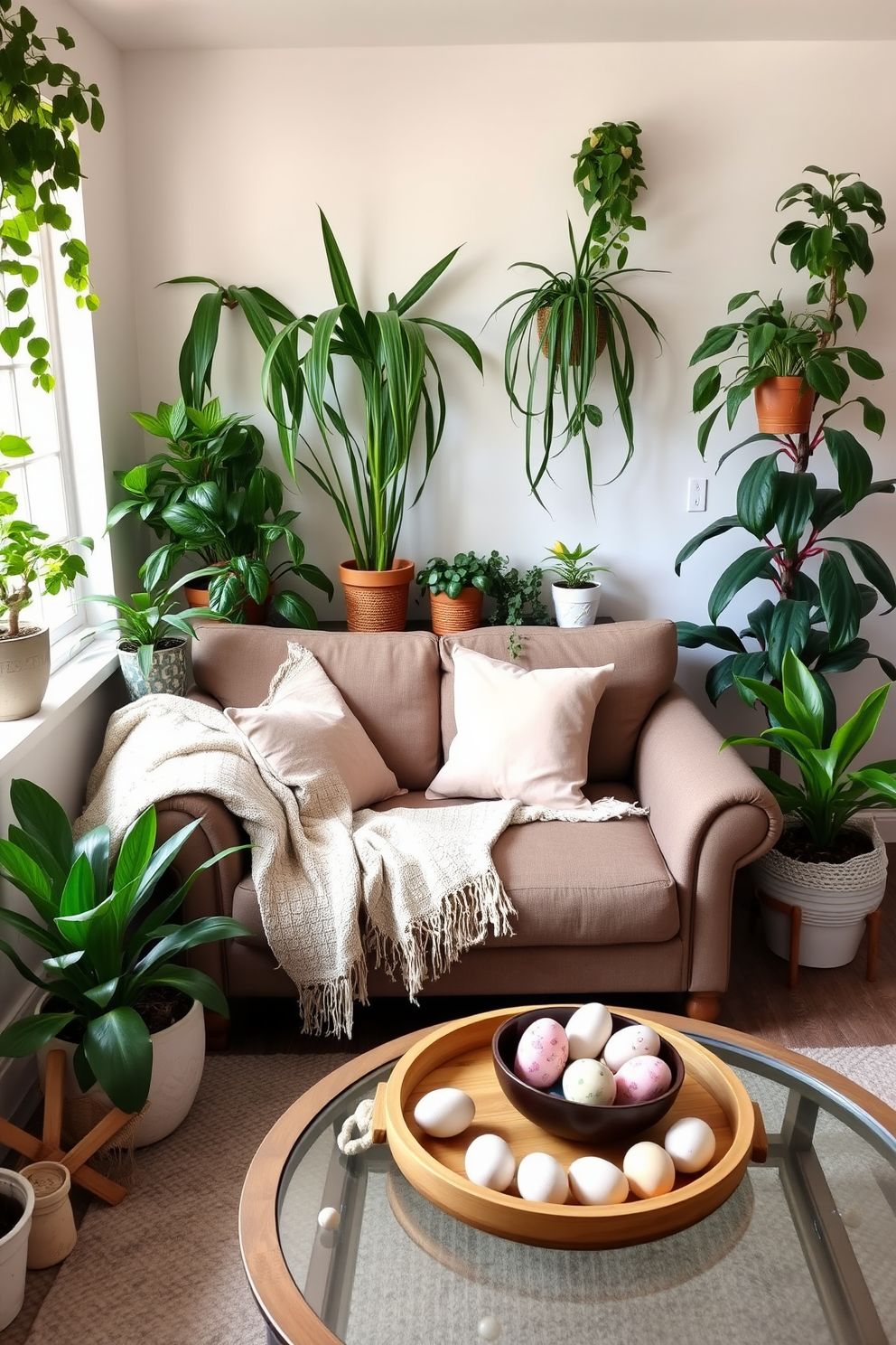 A cozy small living room adorned with fresh greenery. Potted plants in varying sizes are strategically placed around the room, bringing life and vibrancy to the space. Easter decorations add a festive touch to the room. A pastel-colored throw blanket drapes over the sofa, and decorative eggs are arranged in a tasteful bowl on the coffee table.