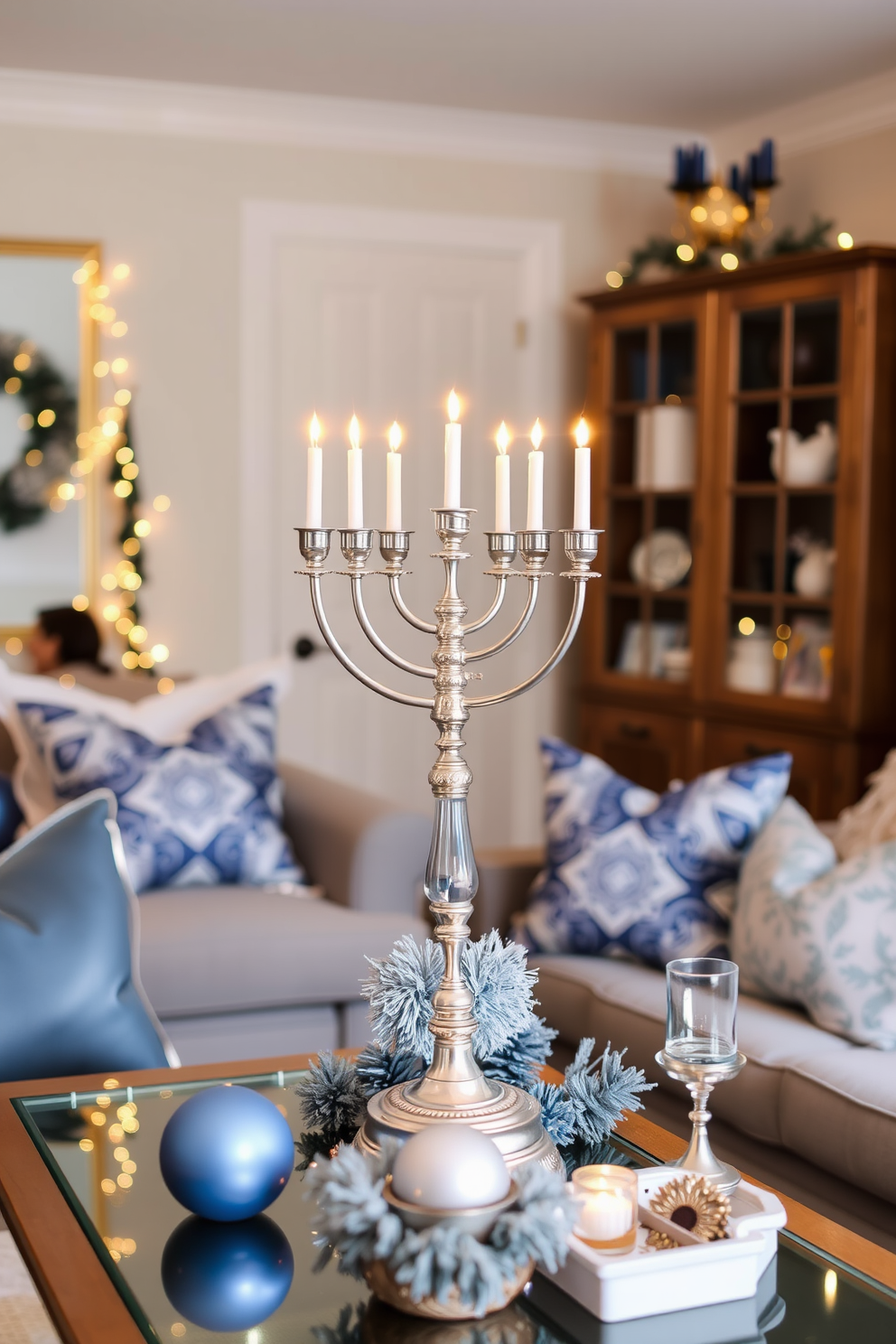 An elegant menorah serves as the centerpiece of a cozy small living room adorned for Hanukkah. Surrounding the menorah are soft, warm lights and festive blue and silver decorations that create a welcoming atmosphere.