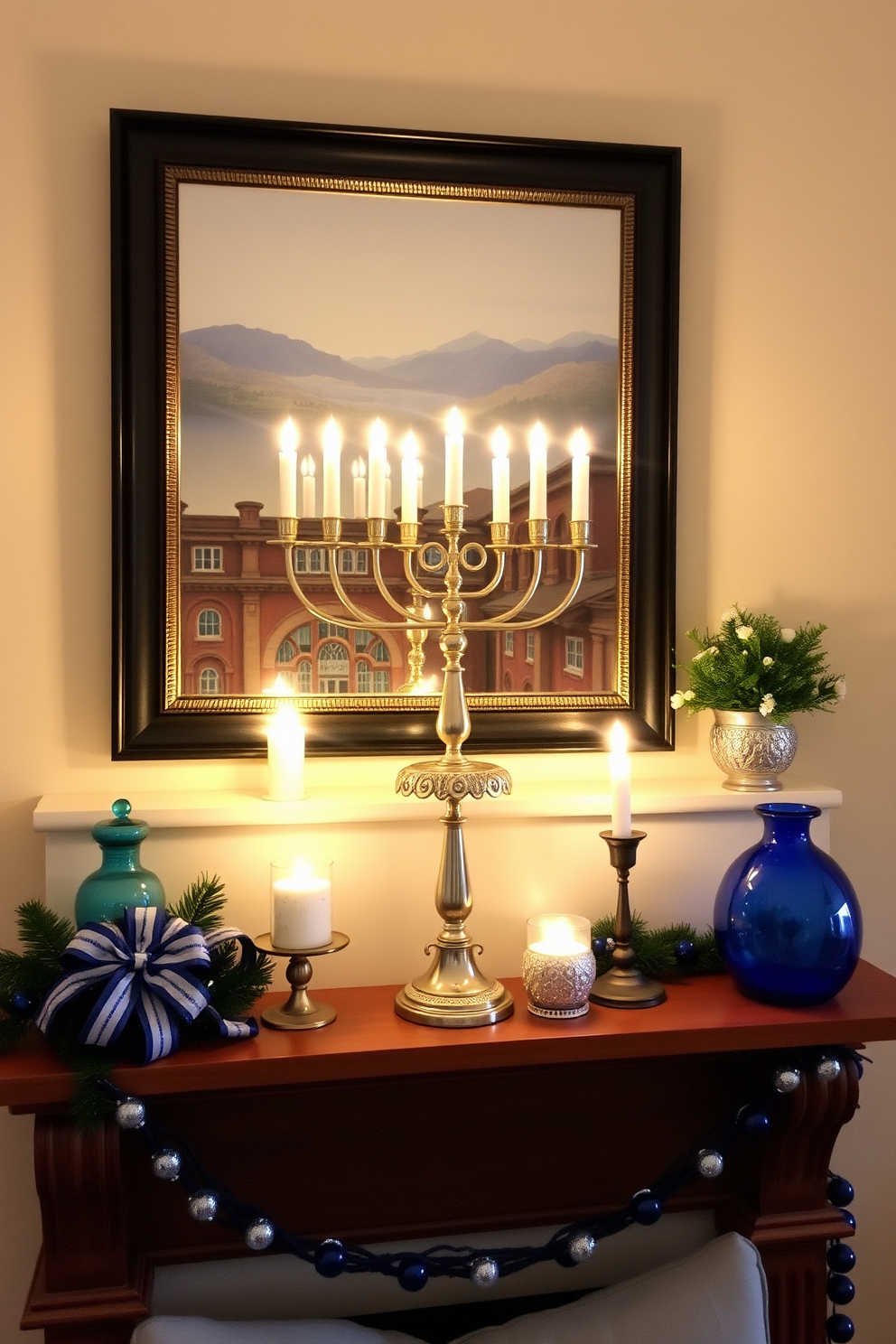 A vintage menorah is elegantly displayed on the mantel, surrounded by soft candlelight that creates a warm and inviting atmosphere. The small living room is adorned with festive Hanukkah decorations, including blue and silver accents that complement the menorah beautifully.