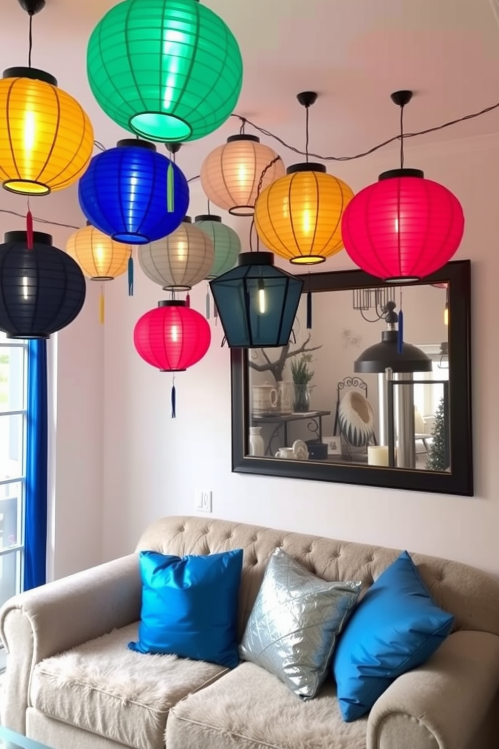 A cozy small living room adorned with colorful paper lanterns hanging from the ceiling, creating a festive atmosphere for Hanukkah celebrations. The walls are painted in soft white, providing a bright backdrop for the vibrant lanterns, while a plush sofa is decorated with blue and silver cushions.