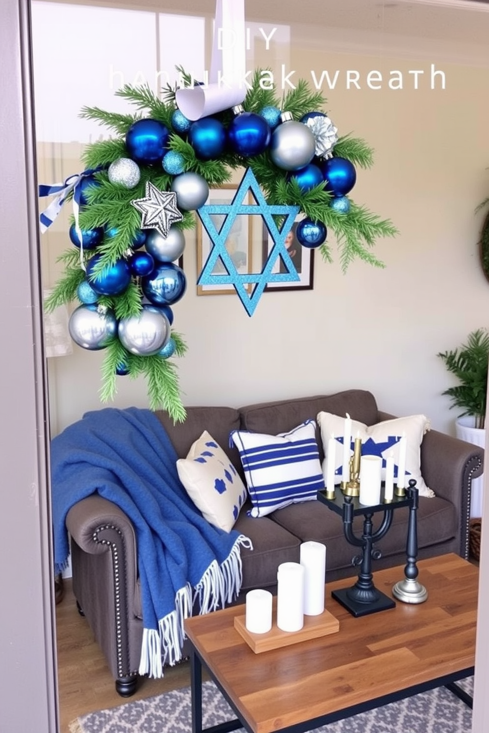 A DIY Hanukkah wreath is beautifully displayed on the front door, adorned with blue and silver ornaments along with fresh greenery. The wreath features a Star of David centerpiece, adding a festive touch to the entrance. Inside the small living room, cozy throws in shades of blue and white are draped over the sofa, enhancing the Hanukkah spirit. Decorative menorahs and candles are thoughtfully arranged on the coffee table, creating a warm and inviting atmosphere.