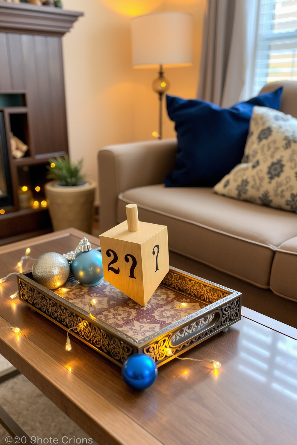 A charming wooden dreidel rests on a decorative tray as a table accent in a cozy small living room. Surrounding the dreidel are soft, warm lights and festive ornaments that enhance the Hanukkah spirit.