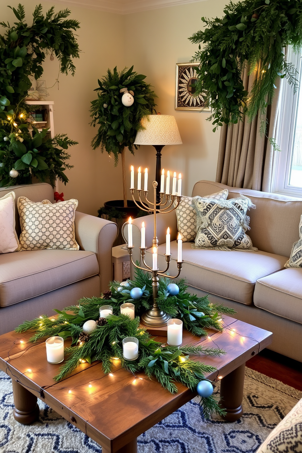 Artfully arranged fresh winter greenery fills the small living room, creating a cozy and inviting atmosphere. A beautifully decorated menorah sits on a rustic coffee table, surrounded by candles and twinkling fairy lights.