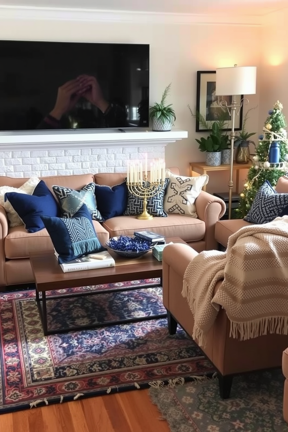 Layered rugs in a cozy living room create a rich and inviting atmosphere. The combination of various textures and patterns adds depth and warmth to the space. For Hanukkah decorating ideas in a small living room, consider incorporating blue and silver accents throughout. A beautifully arranged menorah alongside festive cushions and a warm throw can enhance the celebratory spirit.