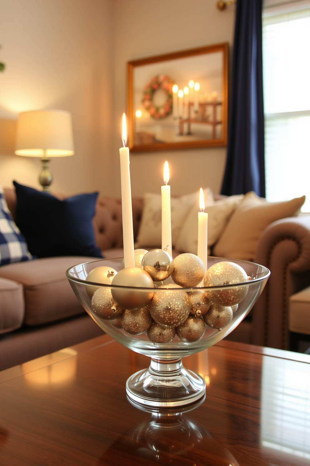 A cozy small living room adorned for Hanukkah. A decorative bowl filled with sparkling glass ornaments sits on the coffee table, reflecting the warm glow of the candles.