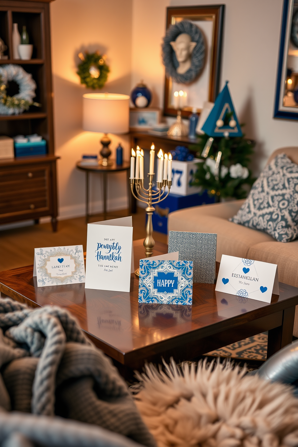 Personalized Hanukkah greeting cards are beautifully arranged on a coffee table. The small living room is adorned with festive decorations, including a menorah and blue and silver accents throughout the space. Warm lighting creates a cozy atmosphere, highlighting the intricate designs of the greeting cards. Soft cushions and a plush throw blanket add comfort to the seating area, inviting guests to gather and celebrate.