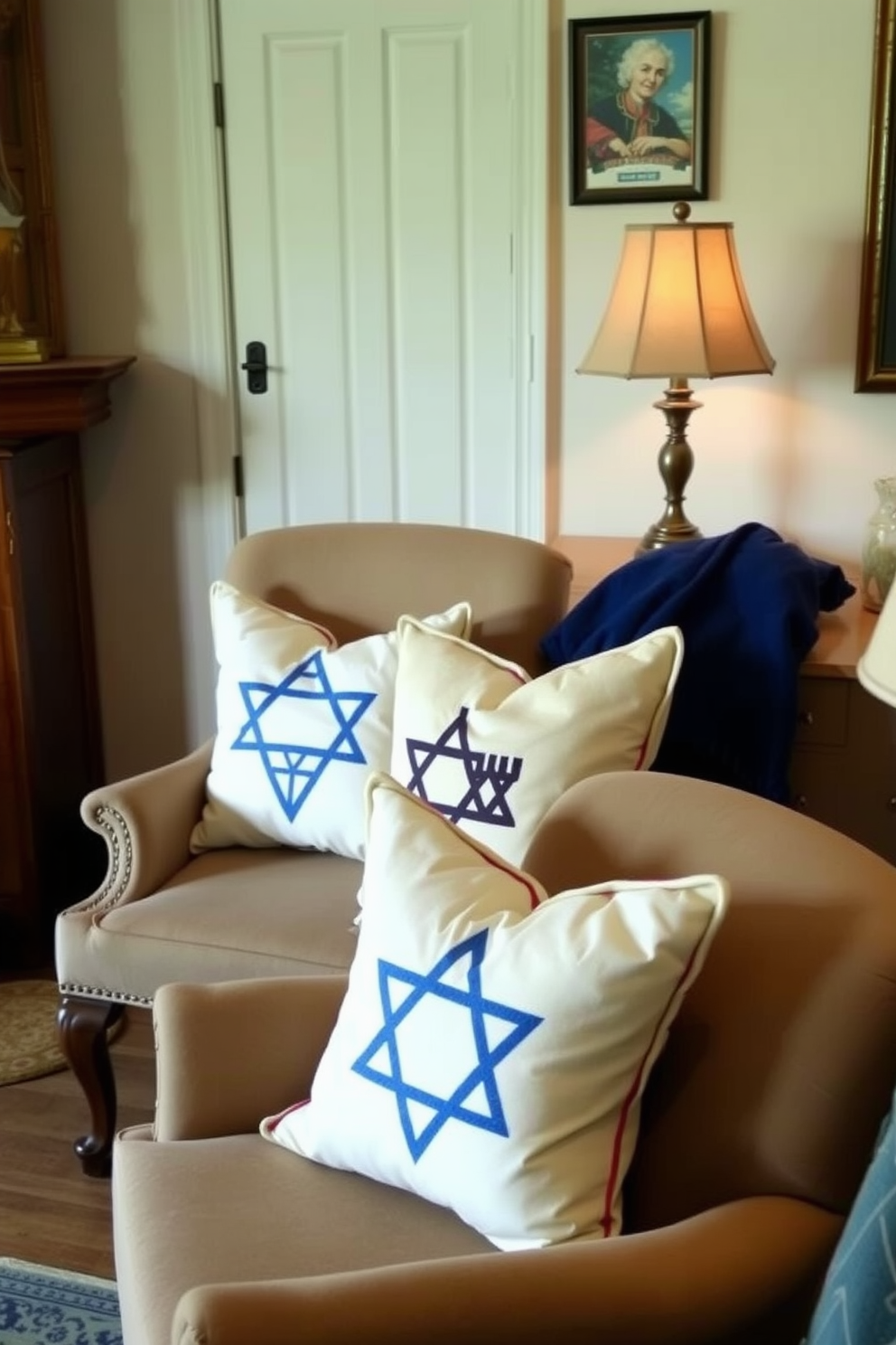 Pillows with Hanukkah motifs adorn the chairs in a cozy small living room. The chairs are upholstered in soft fabric, creating a warm and inviting atmosphere for holiday gatherings.