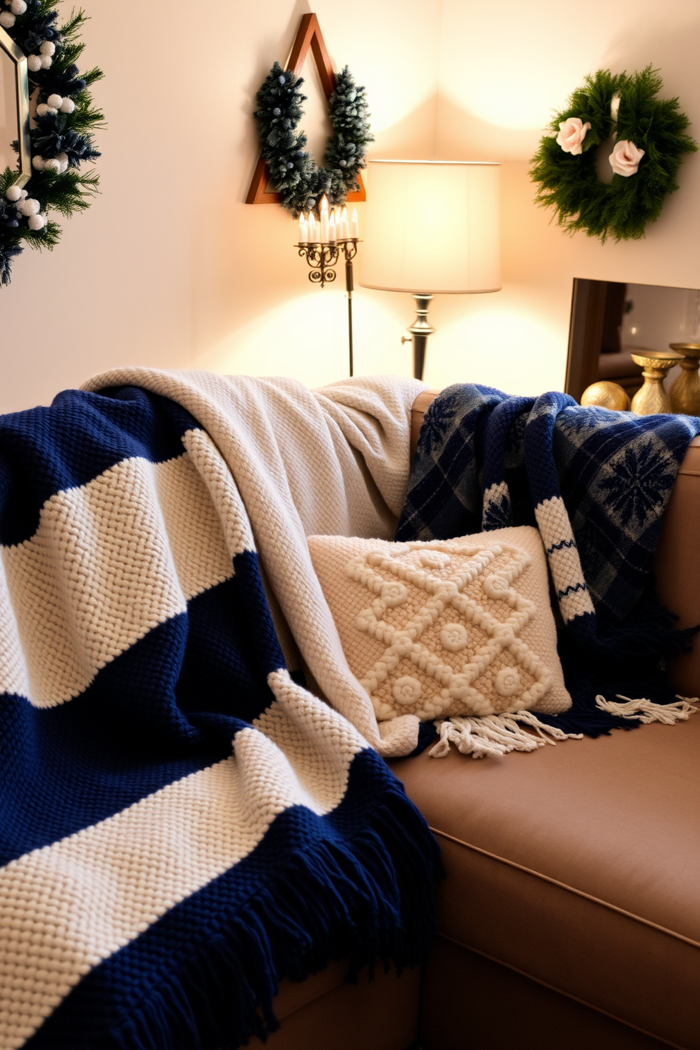 Cozy throw blankets in blue and white are draped over a plush sofa in a small living room. Soft lighting from a nearby lamp creates a warm atmosphere, enhancing the festive Hanukkah decorations adorning the space.