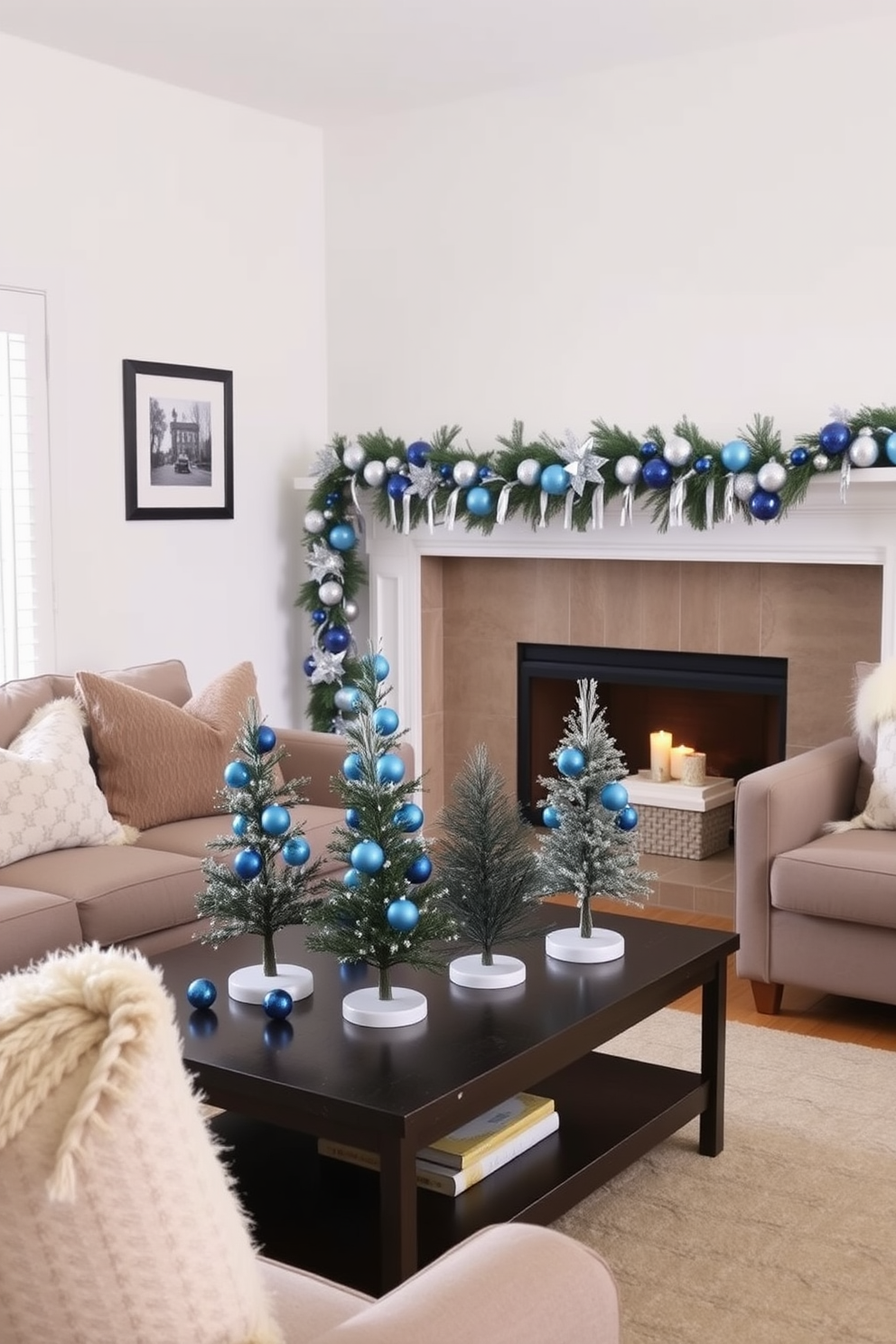 A cozy living room setting decorated for Hanukkah. Miniature trees adorned with blue ornaments are placed on a coffee table surrounded by soft, plush seating. The walls are painted in a warm white hue, creating a bright and inviting atmosphere. A festive garland with blue and silver accents drapes over the mantel, complementing the overall decor.