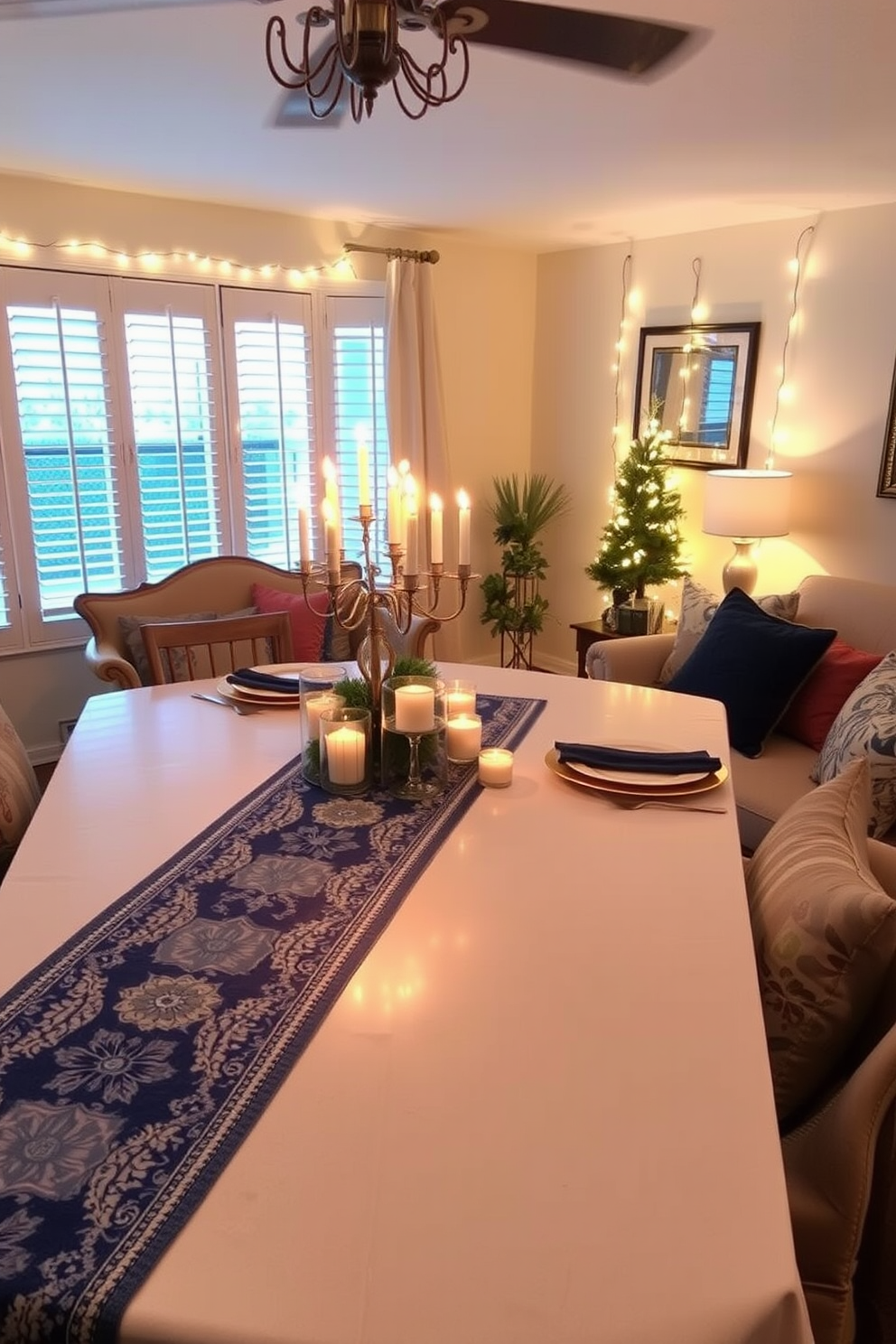 An elegant table runner adorned with festive patterns stretches across a beautifully set dining table. The runner features shades of blue and silver, perfectly complementing a centerpiece of lit menorahs and seasonal decor. In a small living room, cozy seating arrangements invite warmth and togetherness for Hanukkah celebrations. Soft throw pillows in rich fabrics and twinkling string lights create an inviting atmosphere for family gatherings.