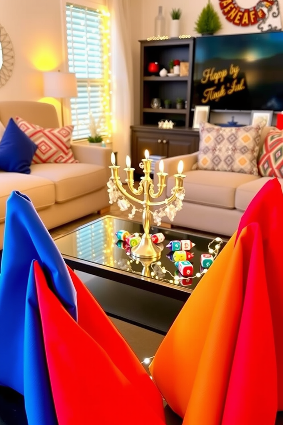 Brightly colored napkins for table settings. The napkins are arranged in a creative fold, showcasing vibrant hues like red, blue, and gold, adding a festive touch to the dining experience. Small living room Hanukkah decorating ideas. The space features a beautifully adorned menorah on the coffee table, surrounded by twinkling fairy lights and colorful dreidels, creating a warm and inviting atmosphere.